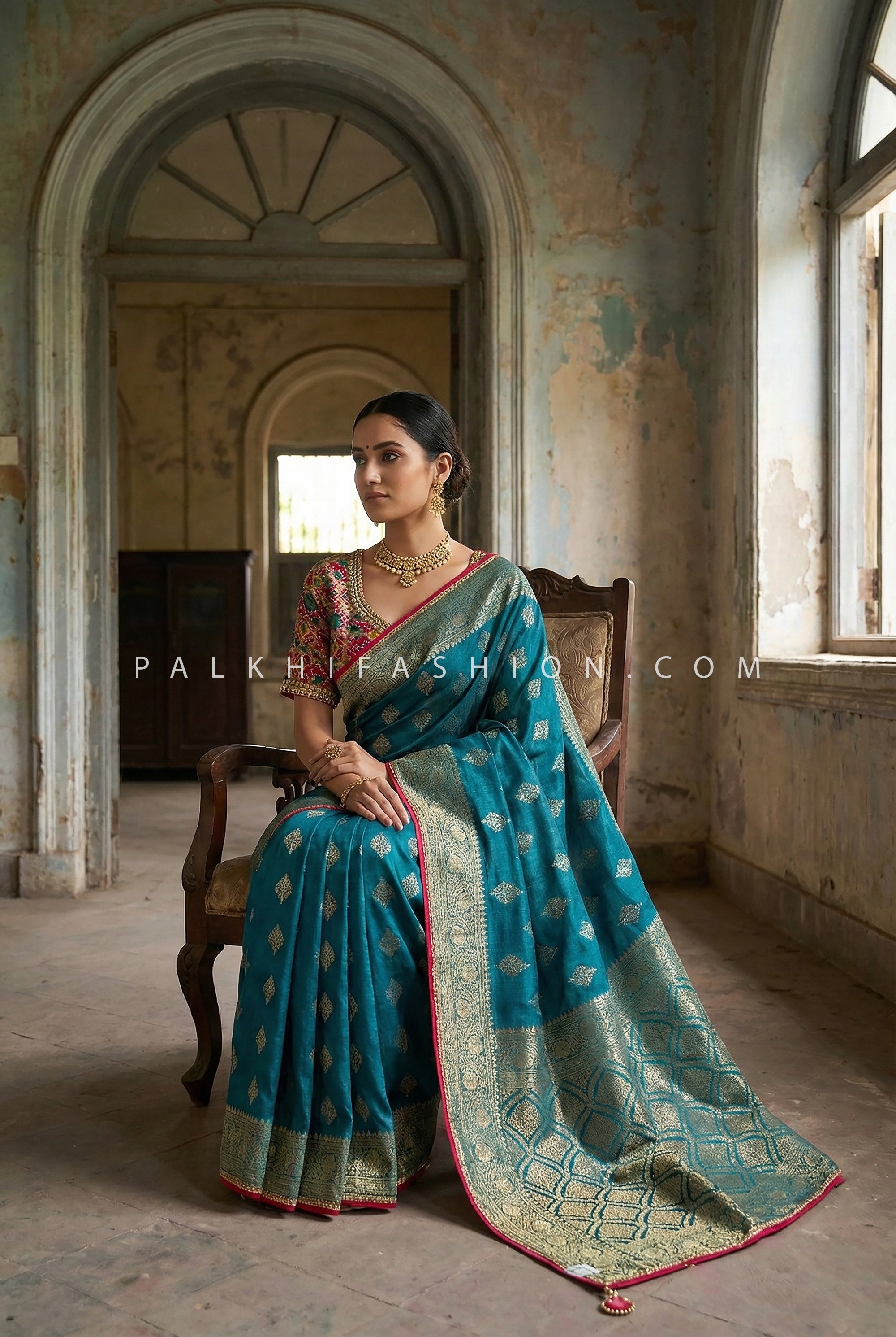 Teal Banarasi Silk Saree with Patola Silk Handworked Blouse – Palkhi Fashion Houston