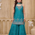 Festive Charm | Girls Teal Bandhej Kurti and Palazzo Set with Diamond Work | Palkhi Fashion