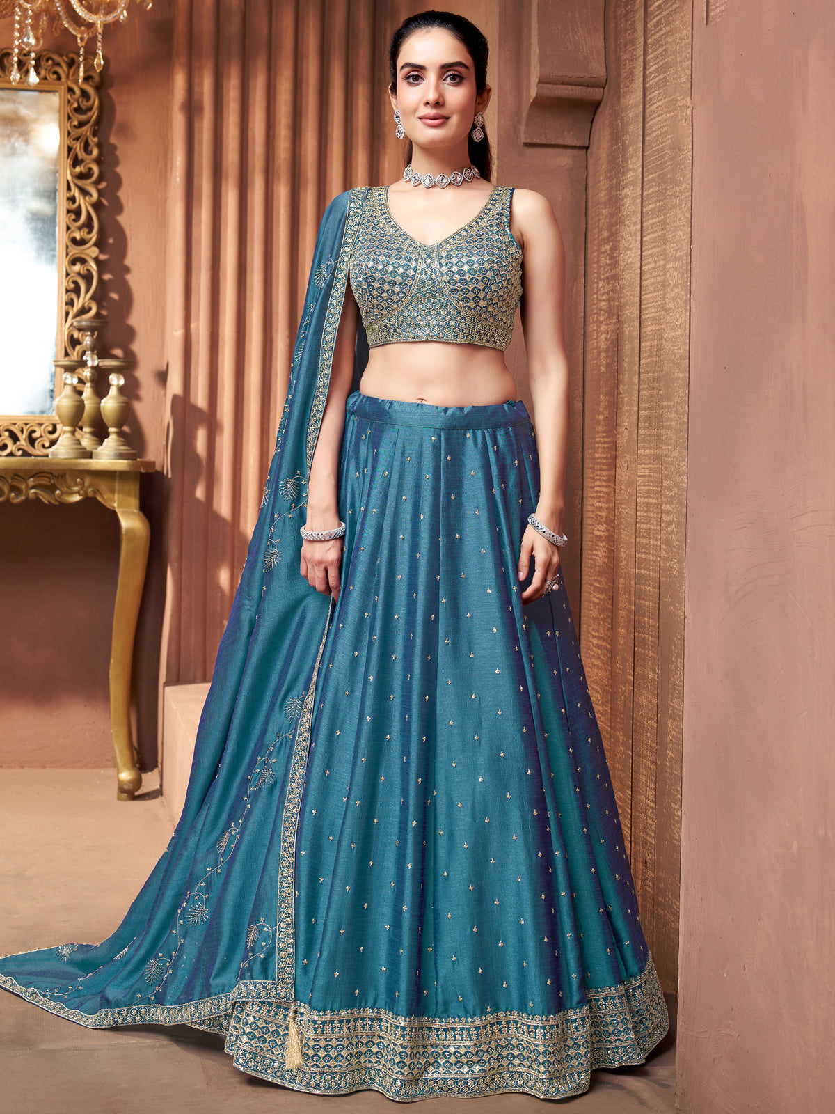 Peacock Radiance | Teal Blue Art Silk Lehenga Choli with Gold Embroidered | Palkhi Fashion