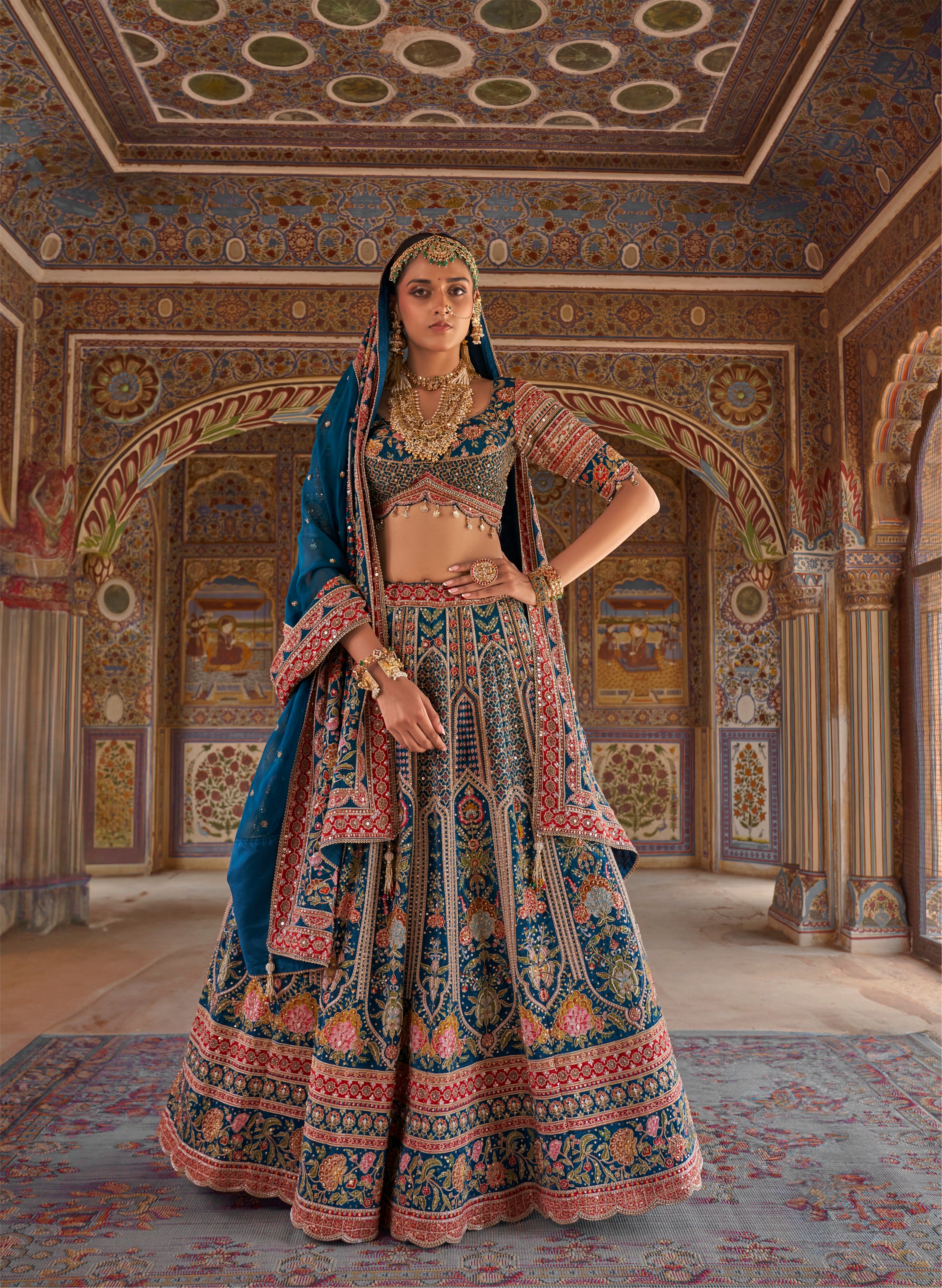 Teal Royalty | Teal Blue Pure Silk Bridal Zardozi Lehenga Choli | Palkhi Fashion