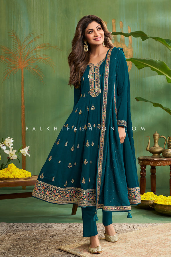 Teal Embroidered Anarkali Suit with Dupatta & Pants - Palkhi Fashion