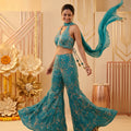Teal Radiance | Teal Embroidered Crop Top Pant Set with Cutdana | Palkhi Fashion