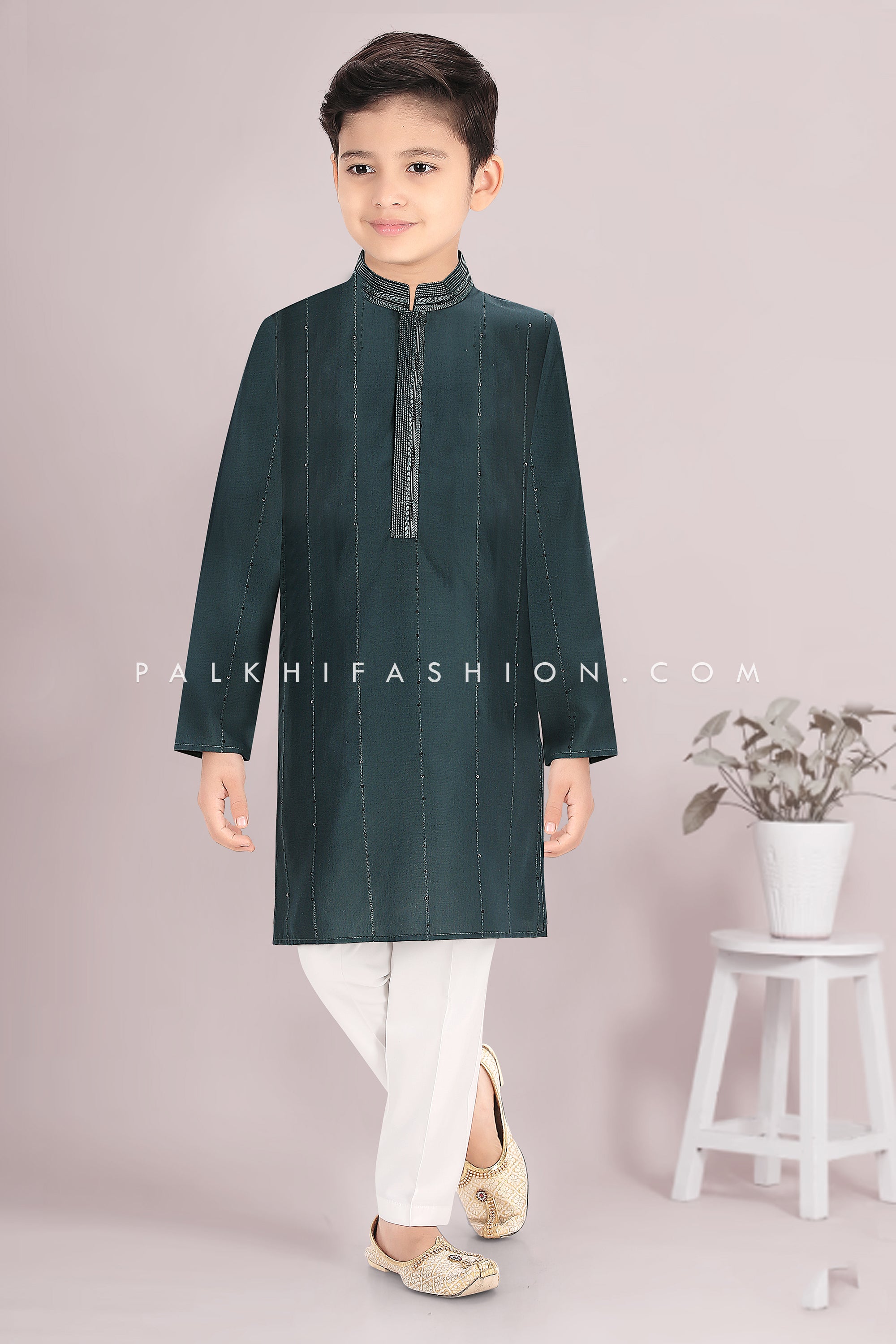 Teal Green Cotton Silk Boys Kurta Pajama Set with Embroidery – Palkhi Fashion 