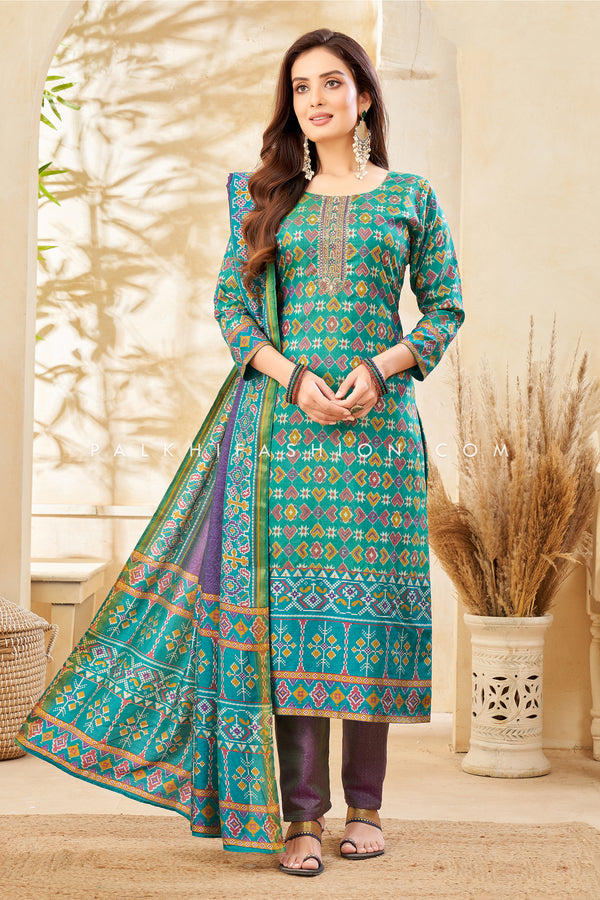 Teal Green Patola Silk Straight Cut Suit With Embroidery work