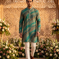 Regal Heritage | Teal Silk Blend Kurta Set with Leheriya Jacquard Weave | Palkhi Fashion