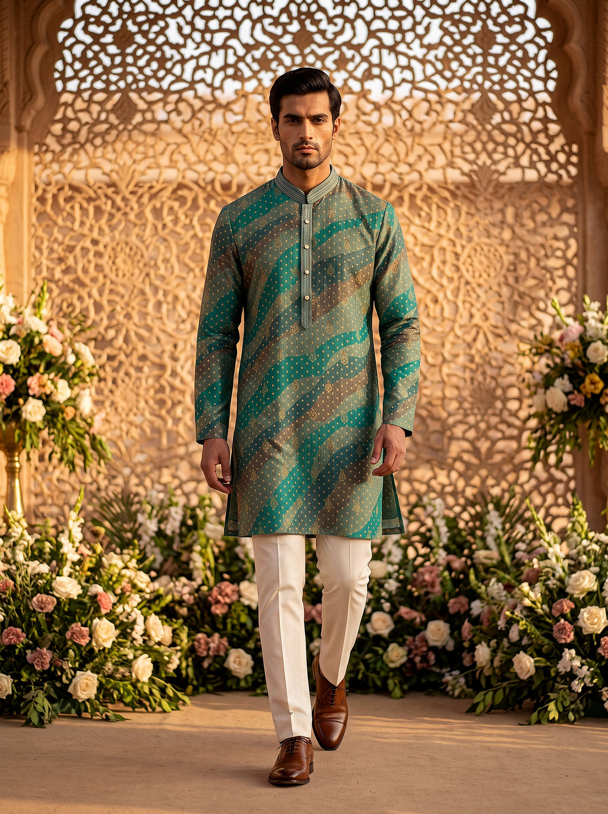 Regal Heritage | Teal Silk Blend Kurta Set with Leheriya Jacquard Weave | Palkhi Fashion