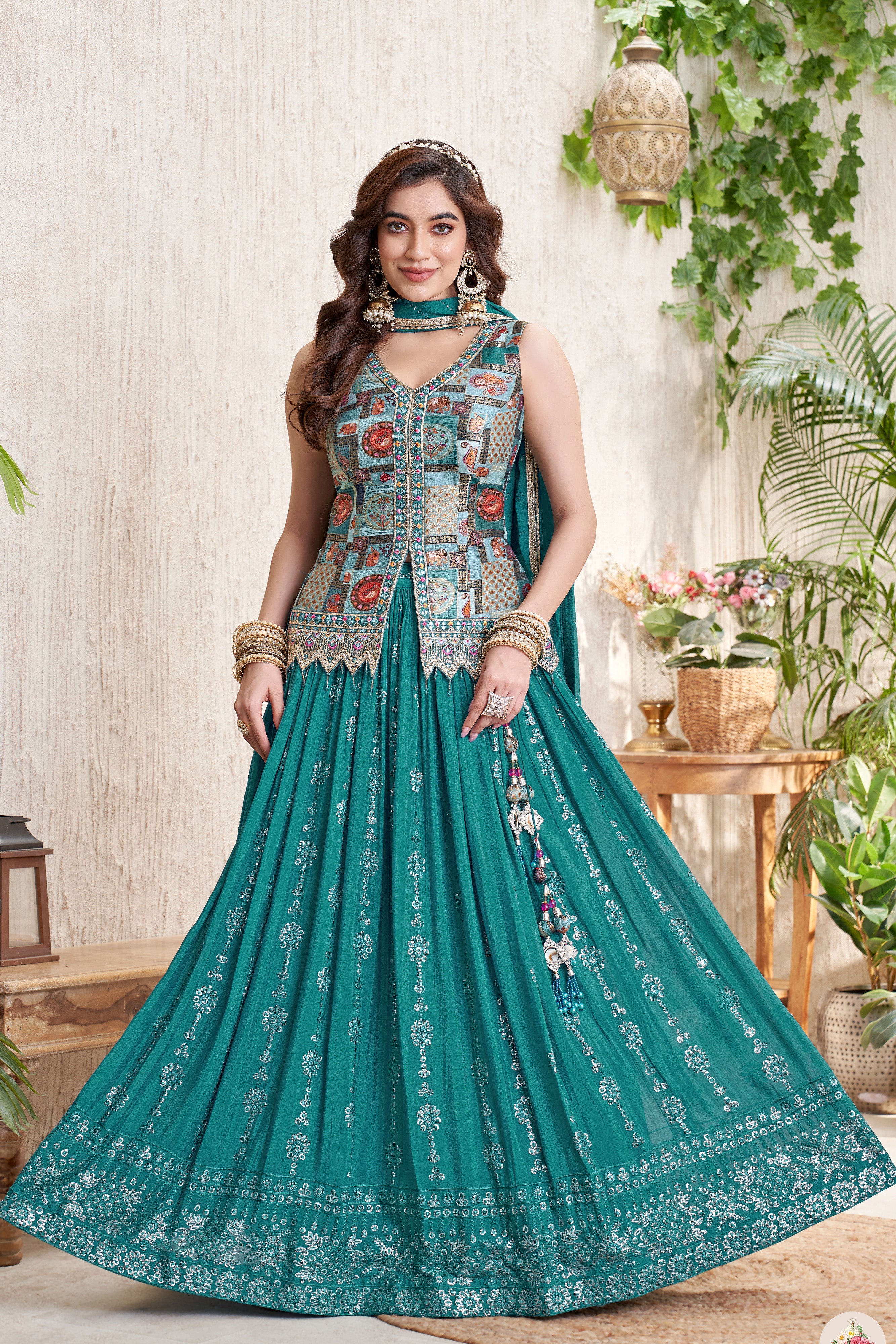 Teal Temptation: Teal Lehenga Choli with Banarasi Long Top Blouse – Palkhi Fashion