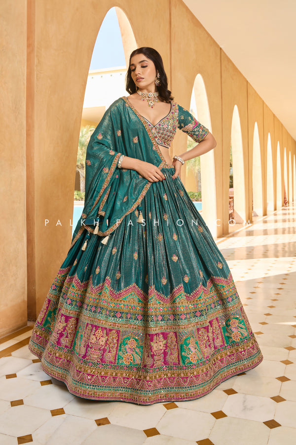 Teal Tissue Silk Designer Lehenga Choli with Multi-Color Embroidery & Stones