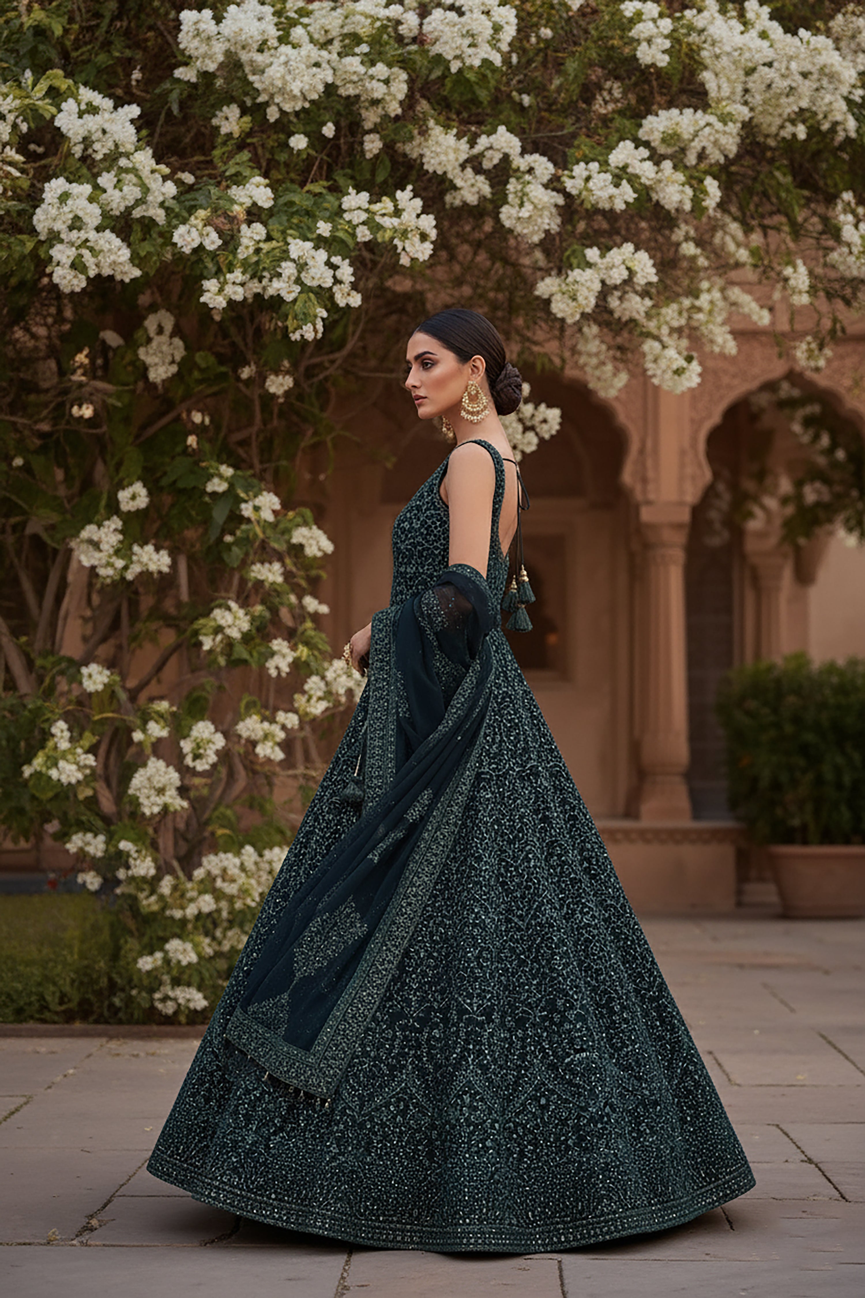 Midnight Majesty: Teal Blue Elegant Embroidered Anarkali Suit  – Palkhi Fashion