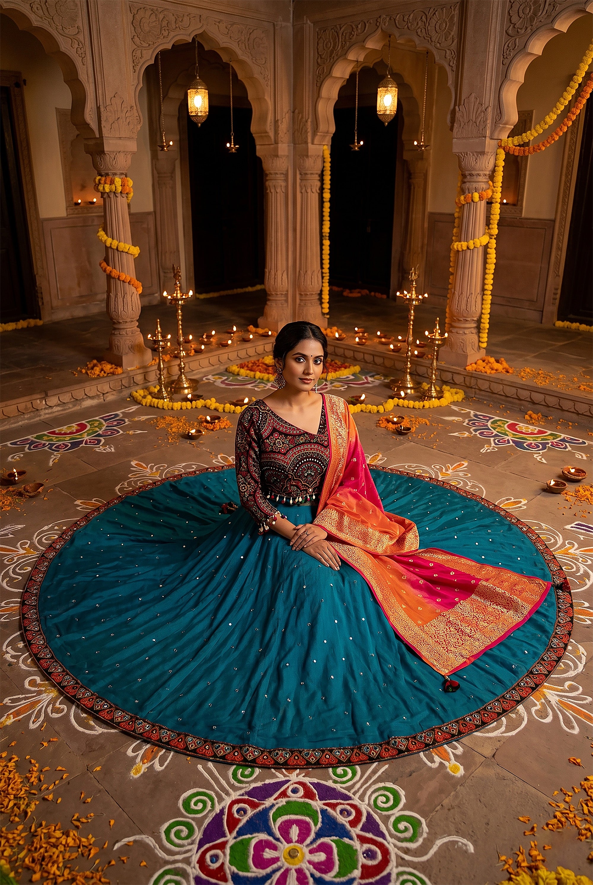 Royal Rangoli – Teal One Shoulder Navratri Lehenga with Kutchi Embroidery | Palkhi Fashion