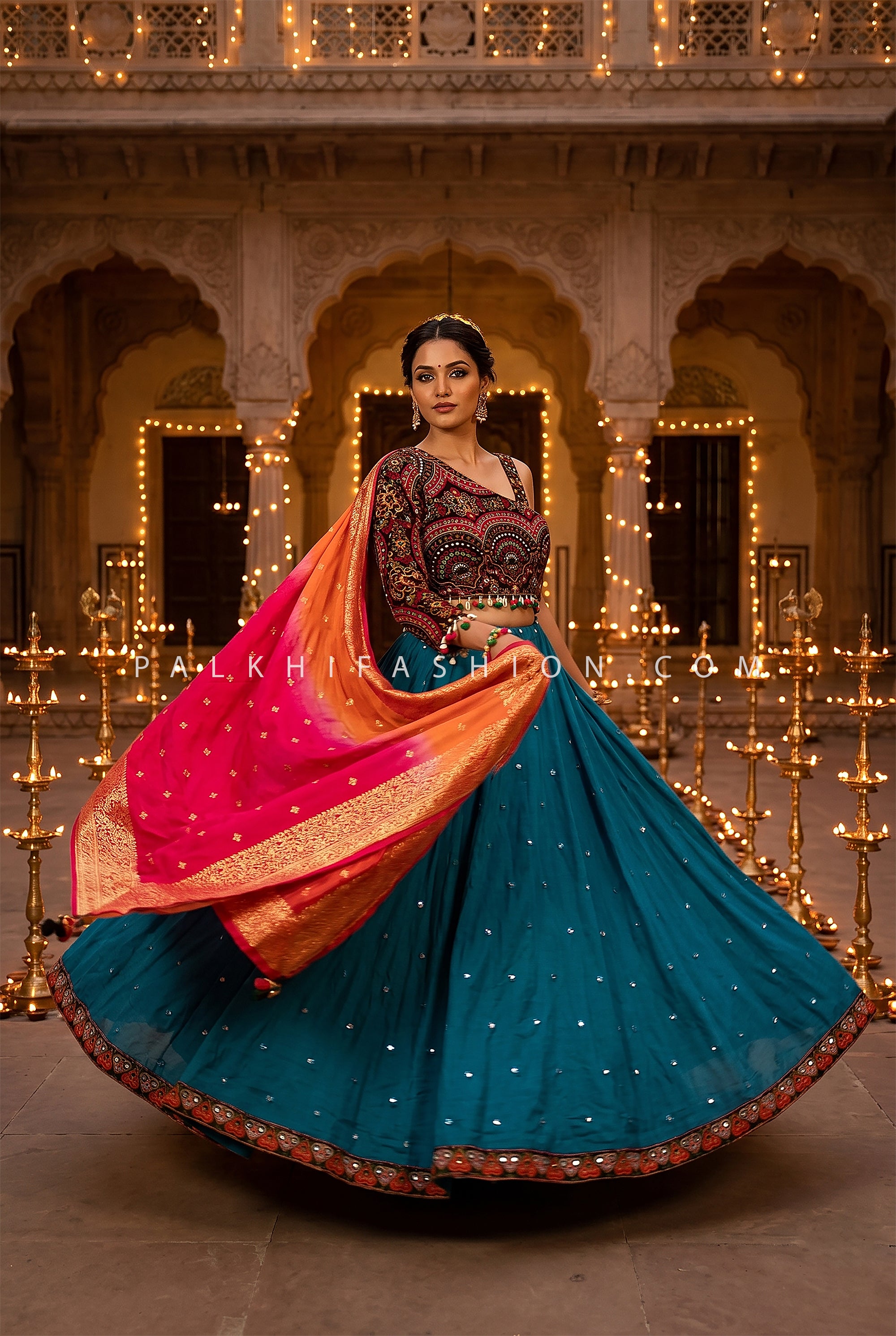 Royal Rangoli – Teal One Shoulder Navratri Lehenga with Kutchi Embroidery | Palkhi Fashion