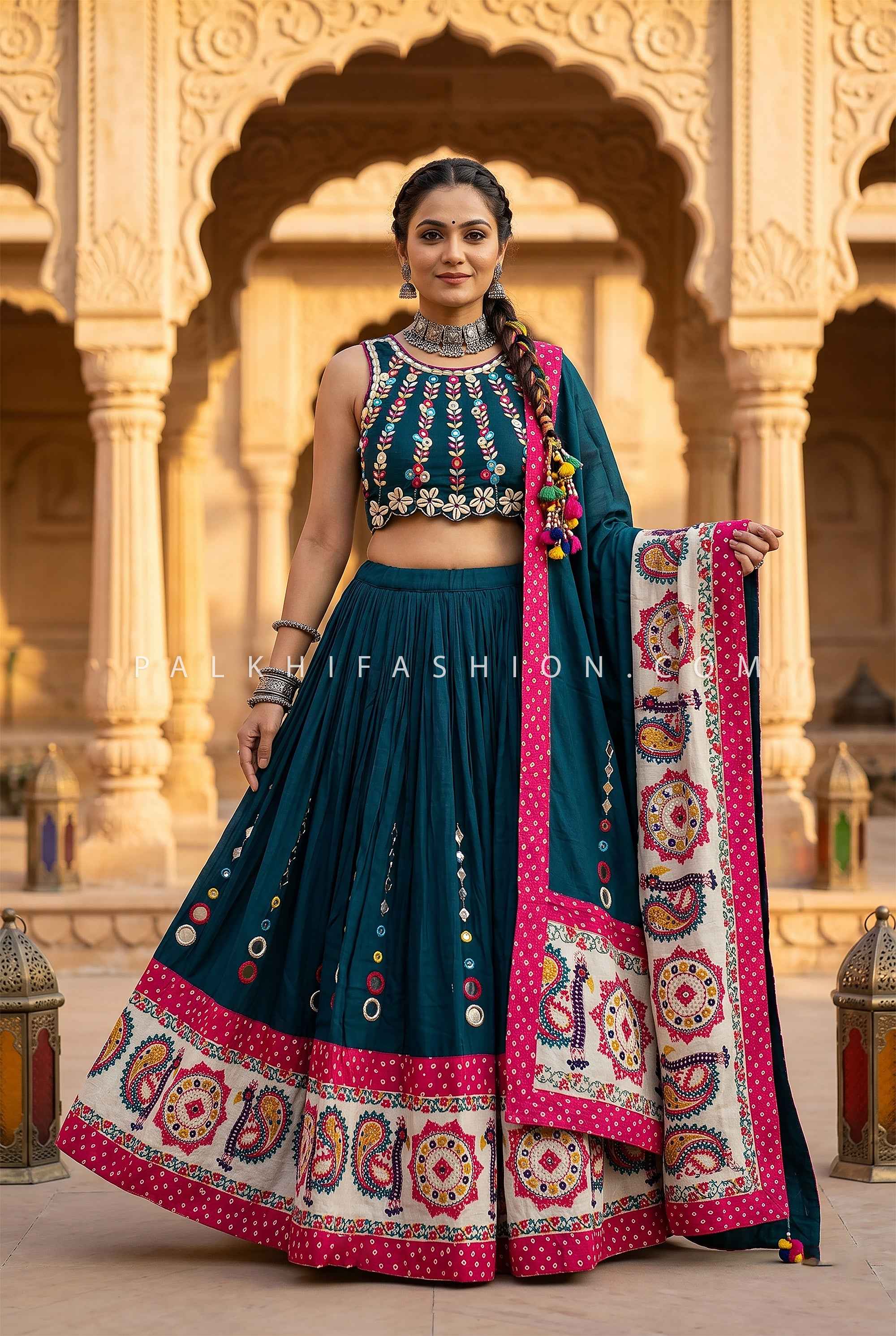 Royal Peacock Grace – Teal Blue Mirror Work Navratri Chaniya Choli | Palkhi Fashion
