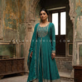 Regal Revival – Teal Green Bandhej Front Slit Suit with Palazzo & Dupatta | Palkhi Fashion