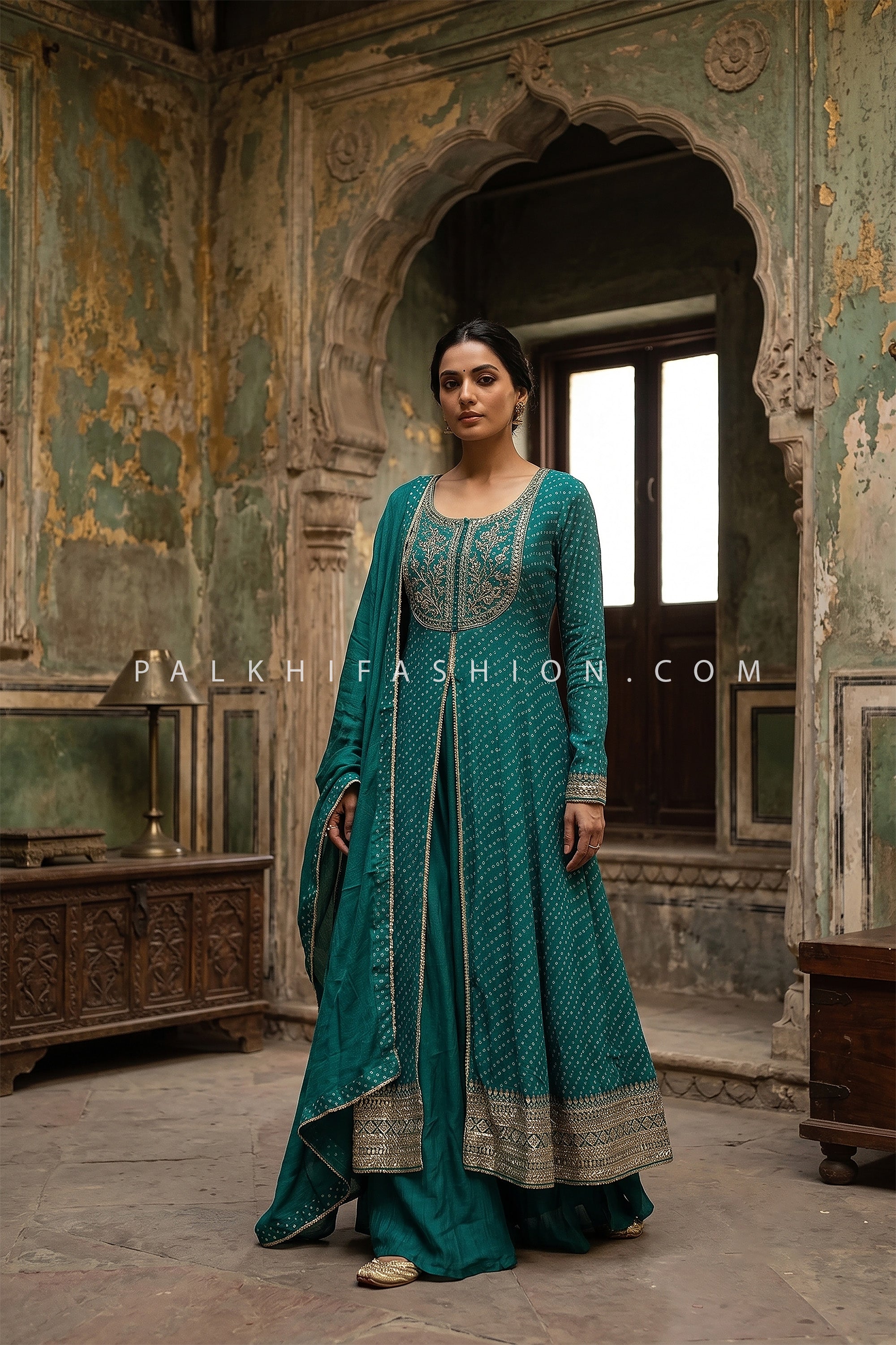 Regal Revival – Teal Green Bandhej Front Slit Suit with Palazzo & Dupatta | Palkhi Fashion