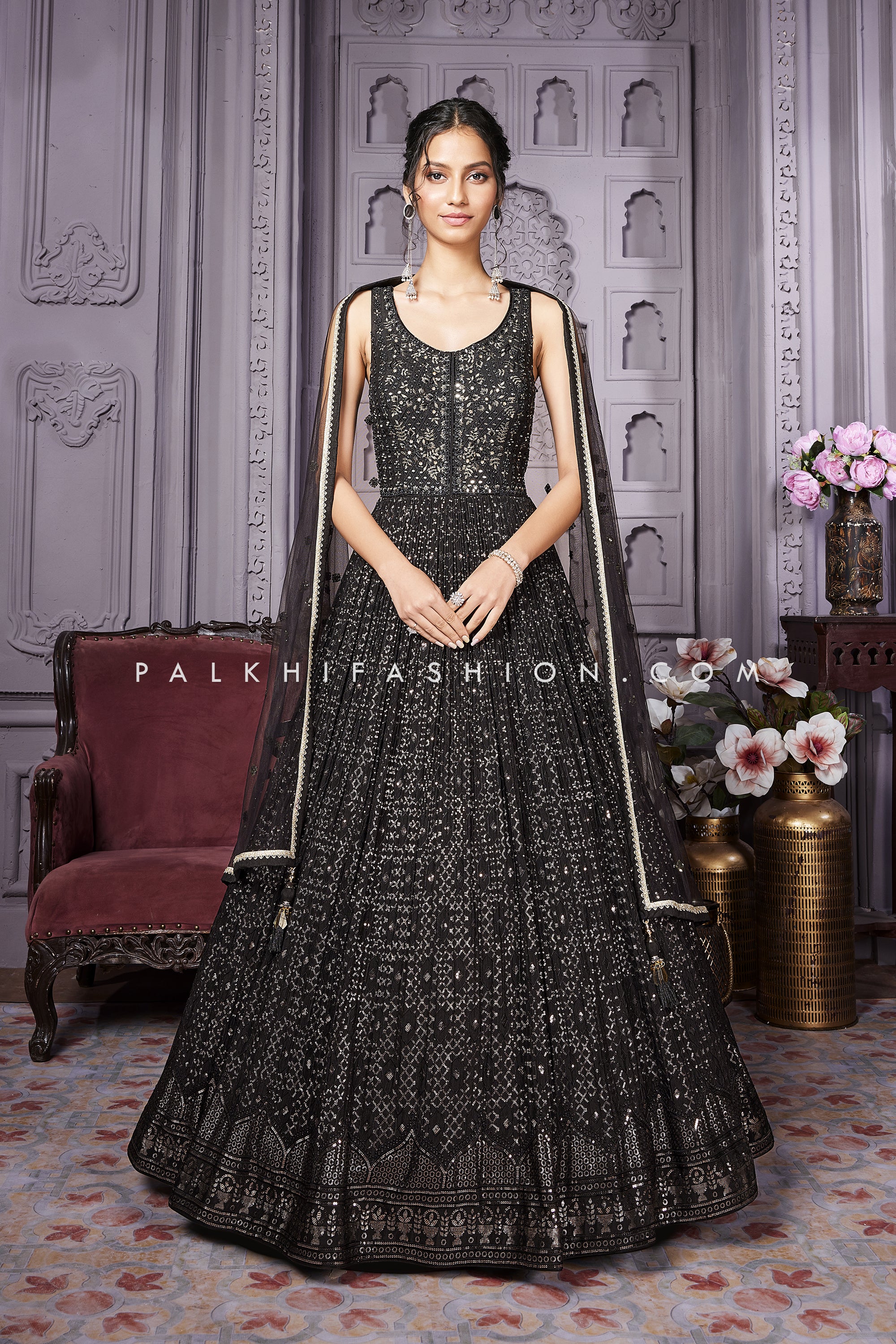 Timeless Black Georgette Ensemble with Chikankari and Mirror Detailing