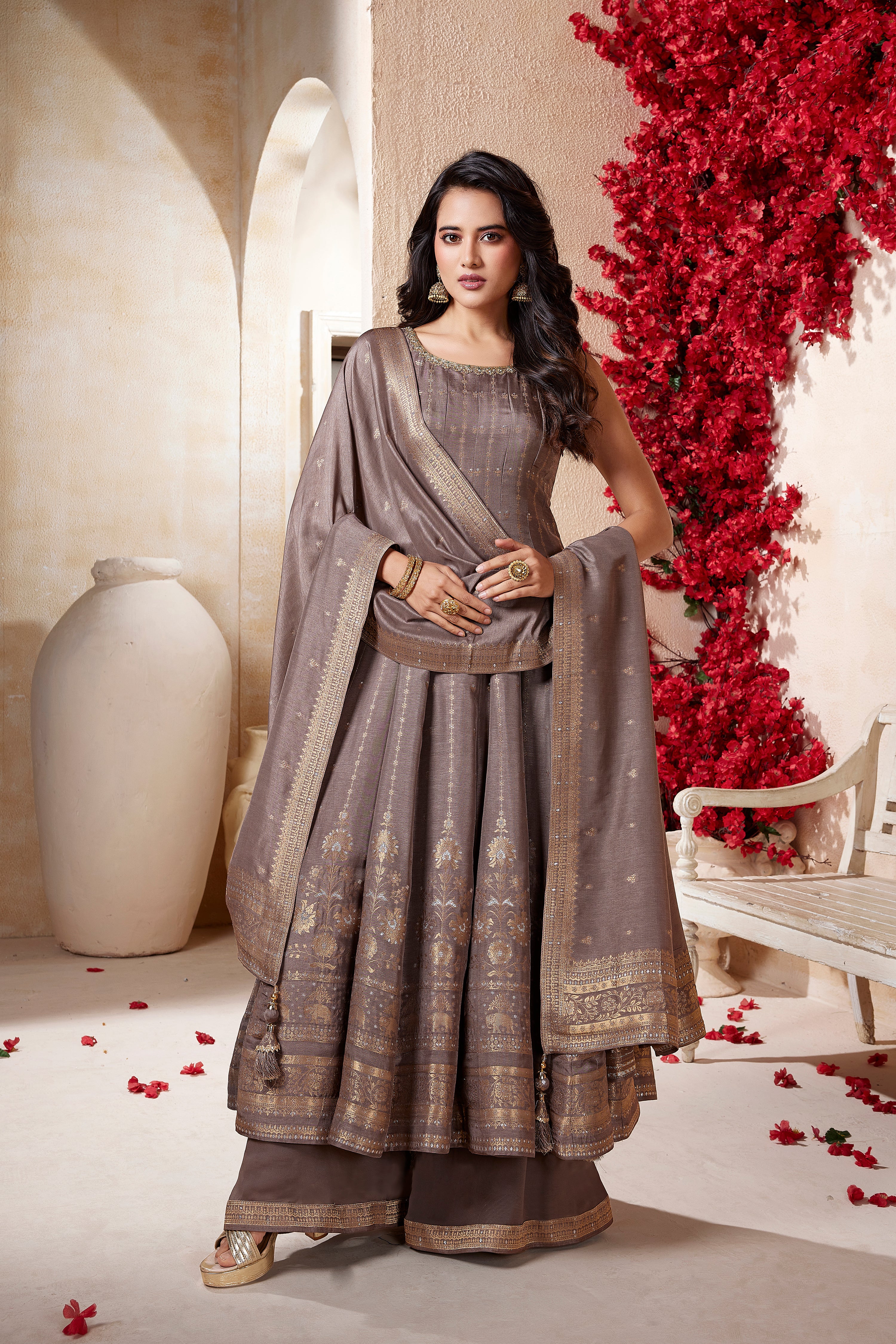 Timeless Deep Mauve Anarkali Palazzo Suit with Banarasi Weaving – Palkhi Fashion
