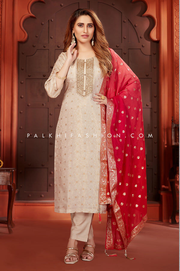 Timeless Elegance: Off-White Silk Straight-Cut Suit with Attractive Dupatta