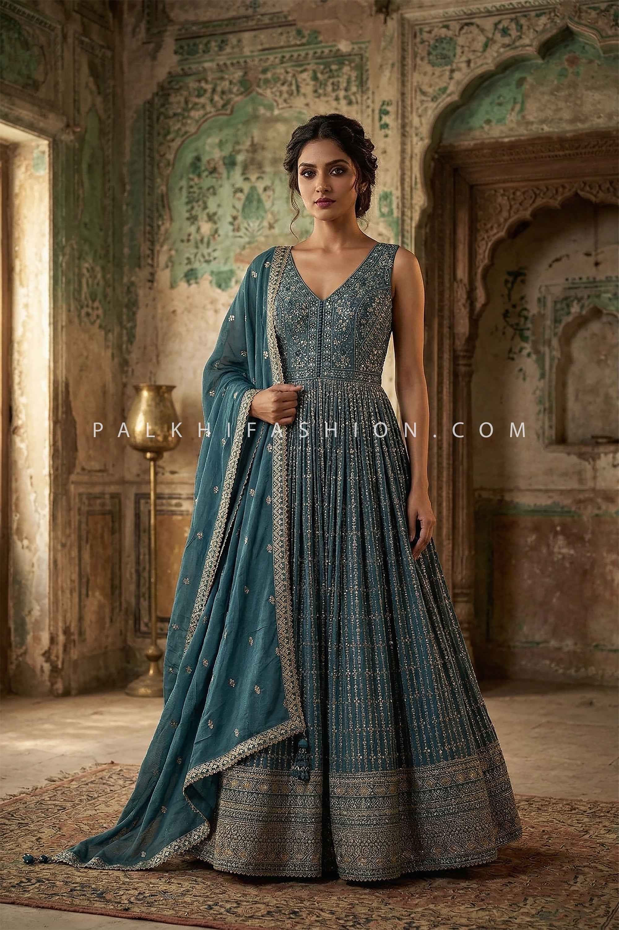 Teal Georgette Kundan Anarkali Set