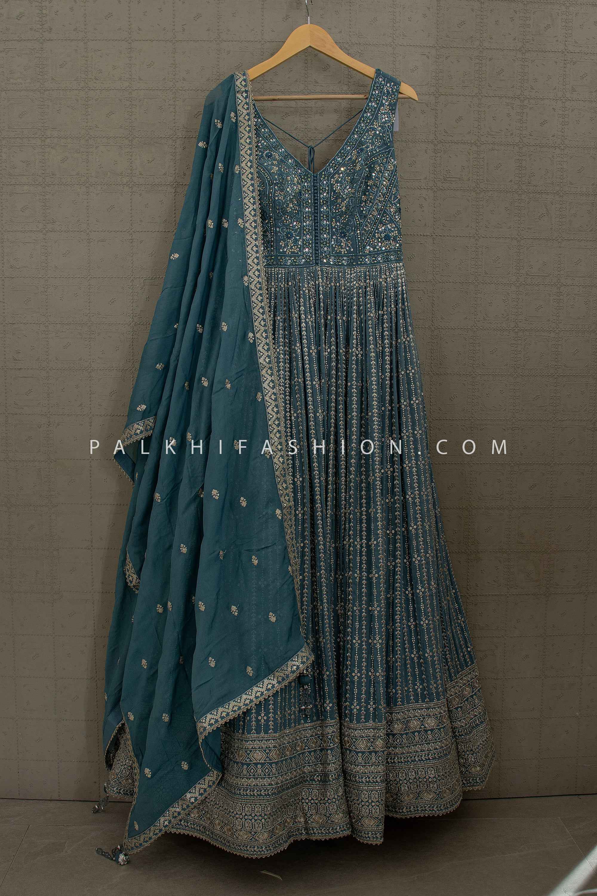 Timeless Festive Grace – Teal Handwork Anarkali with Dupatta – Palkhi Fashion
