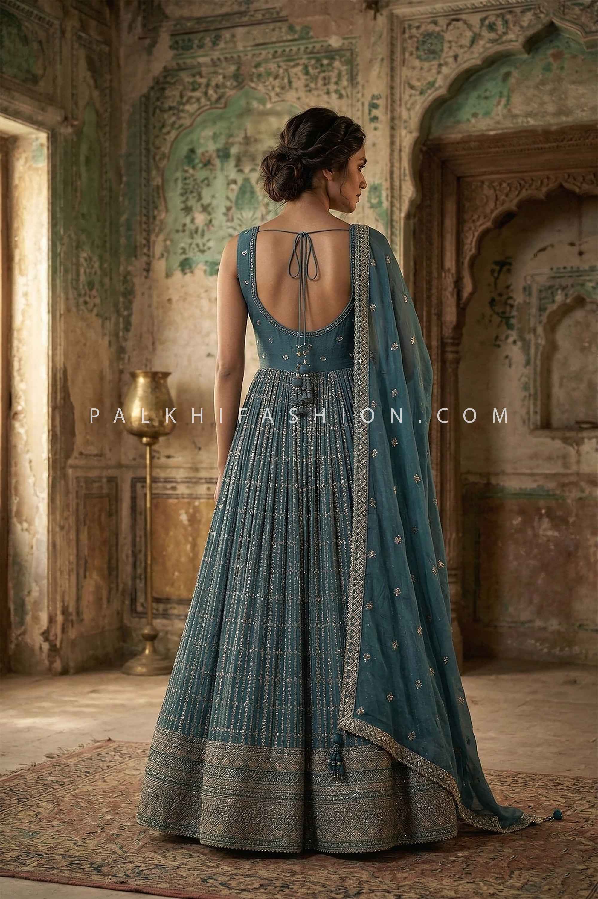 Timeless Festive Grace – Teal Handwork Anarkali with Dupatta – Palkhi Fashion
