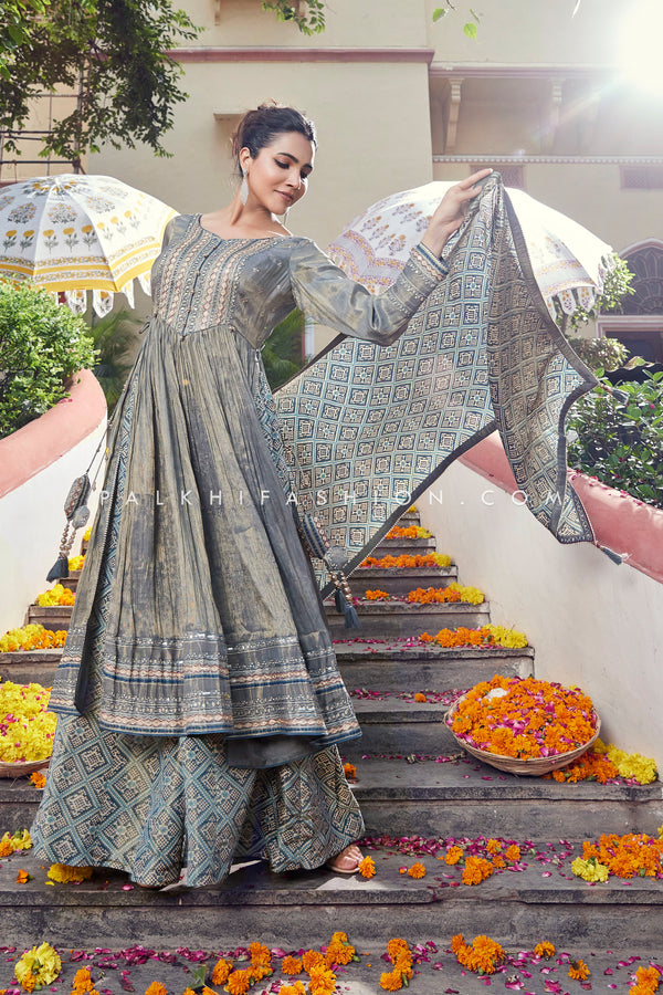 Timeless Grey Designer Palazzo Outfit – Embroidered Soft Silk with Handwork