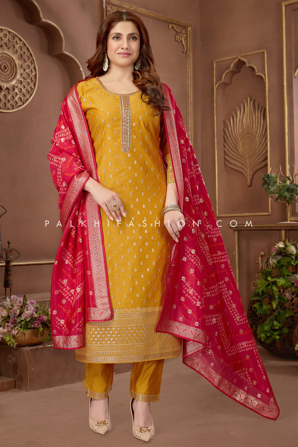 Timeless Mustard Yellow Silk Straight Cut Suit with Bandhani Dupatta