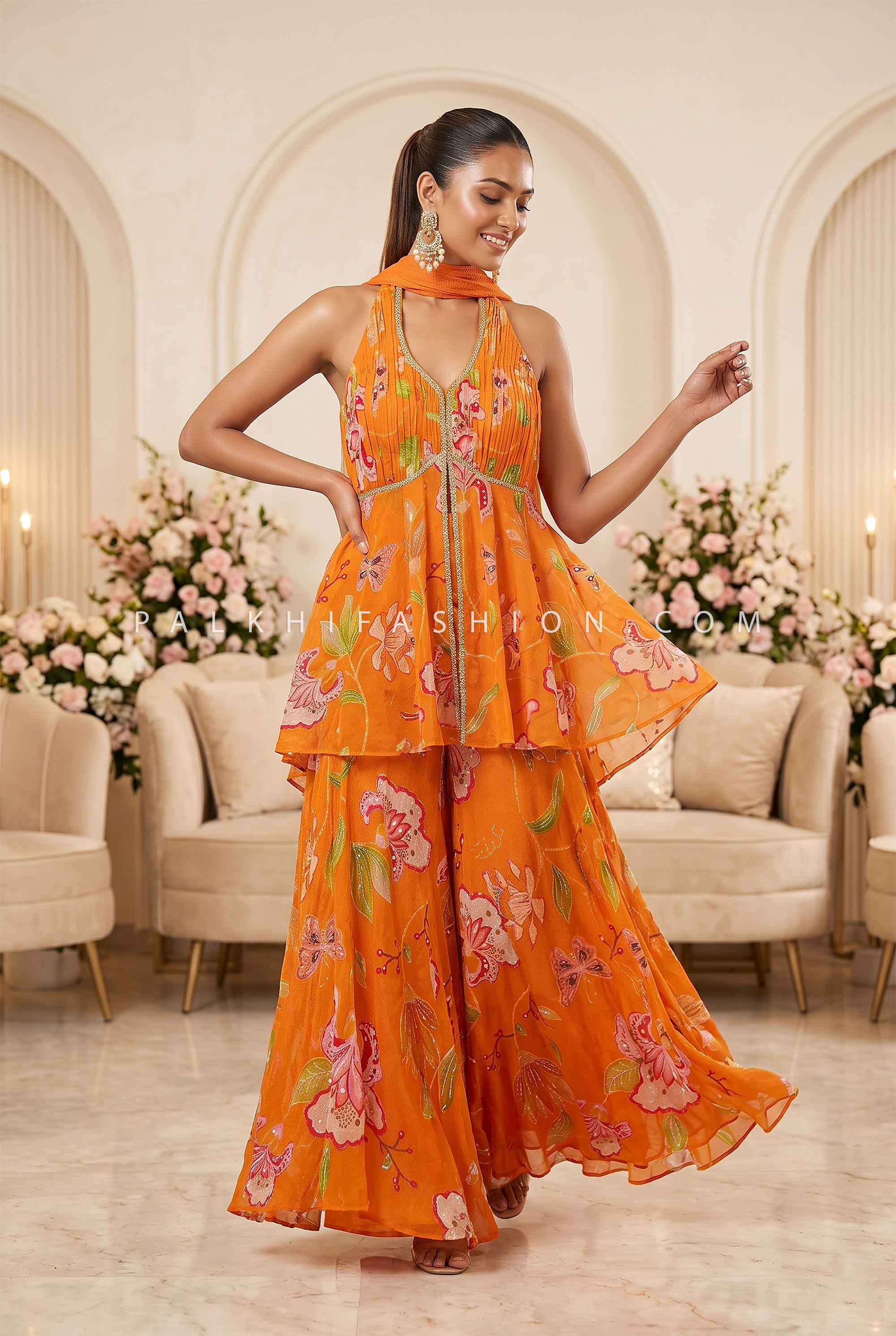 Tropical Luxe Edit – Orange Floral Indo Western Palazzo Set – Palkhi Fashion