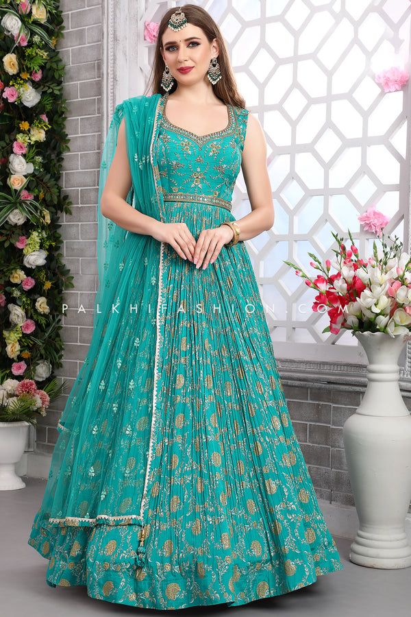 Turquoise Color Indian Designer Outfit With Handwork