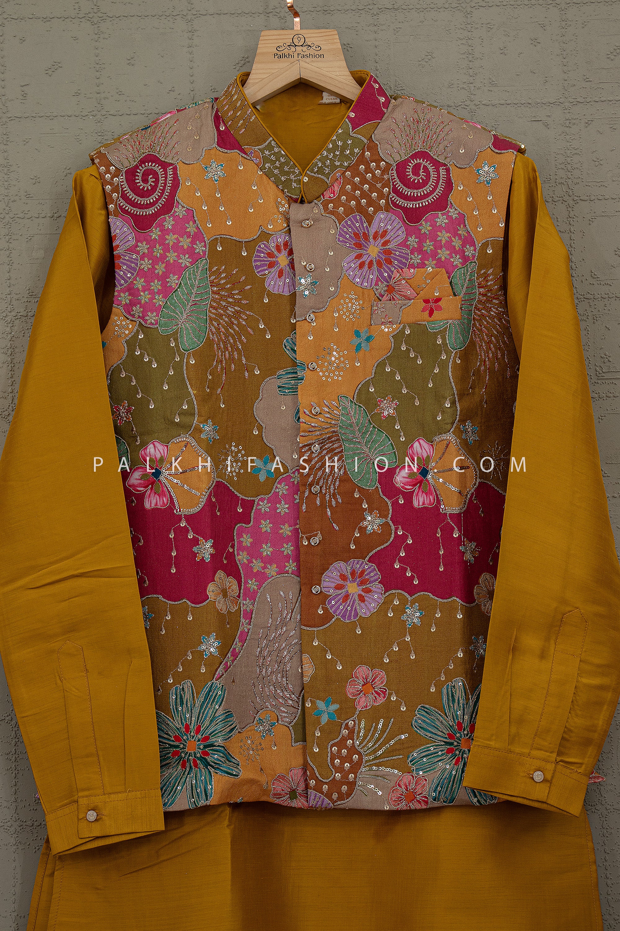 Vibrant Bloom – Mustard Kurta Set with Multi Color Designer Jacket | Palkhi Fashion
