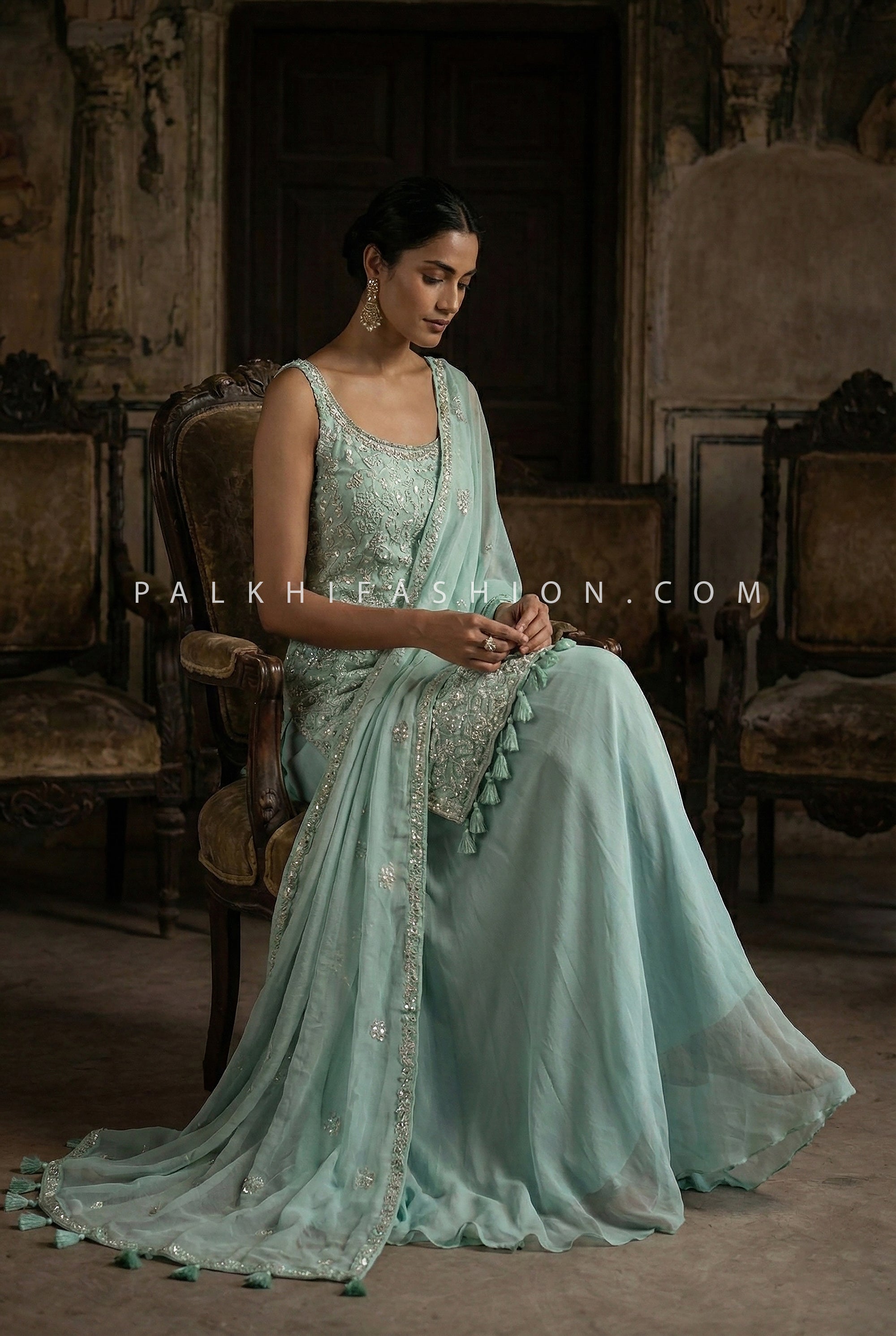 Whispering Teal Grace — Lucknowi Chikankari Georgette Palazzo Outfit | Palkhi Fashion