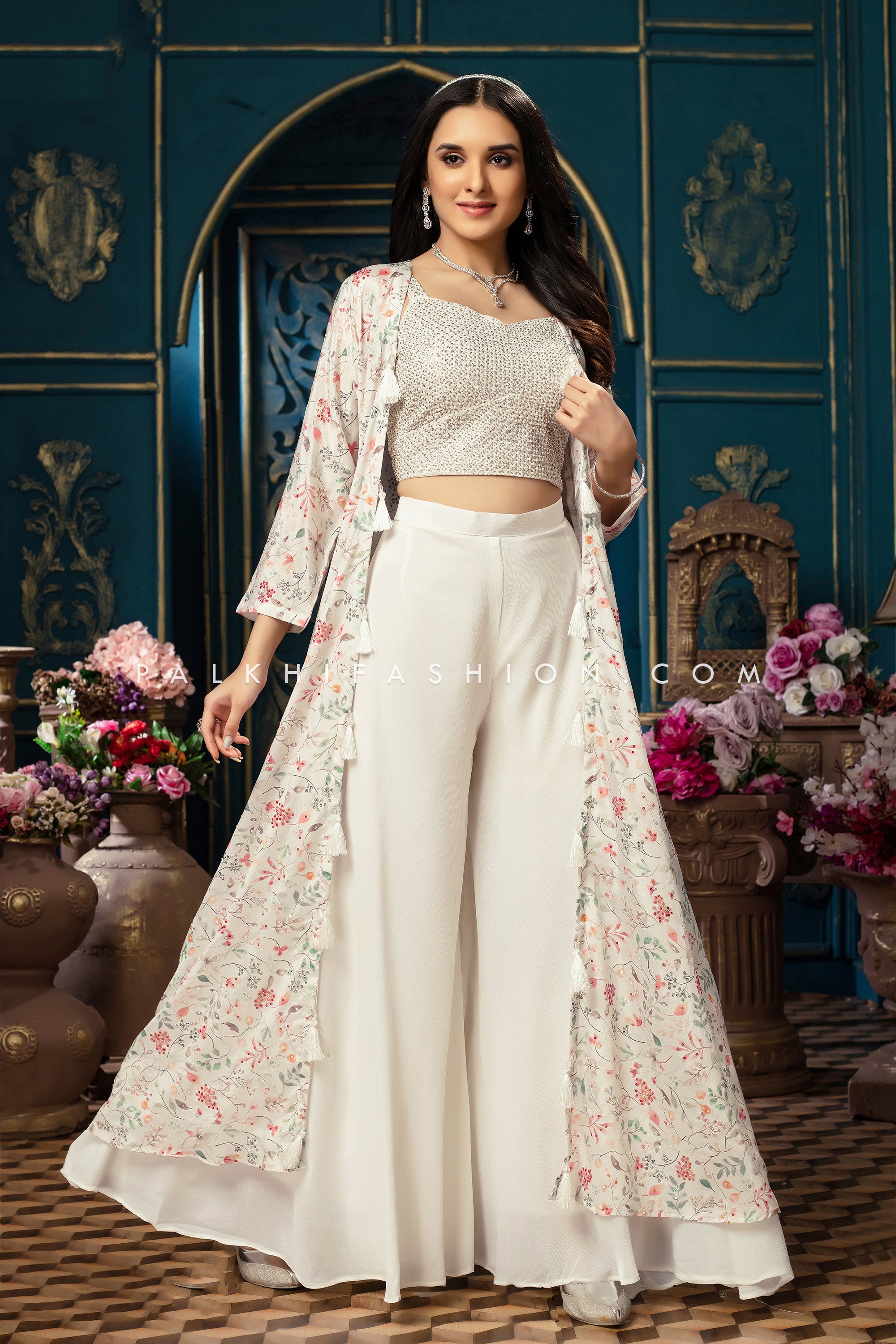 Indian bollywood plazzo and Jacket. Heavy embroidered Croptop with pla