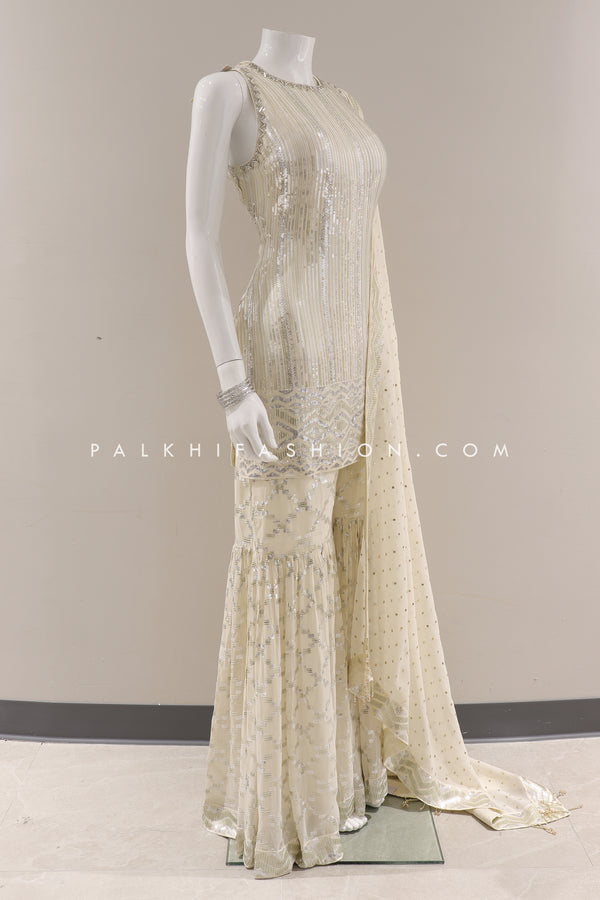 White Pearl: Embroidered Gharara Outfit with Attractive Pattern