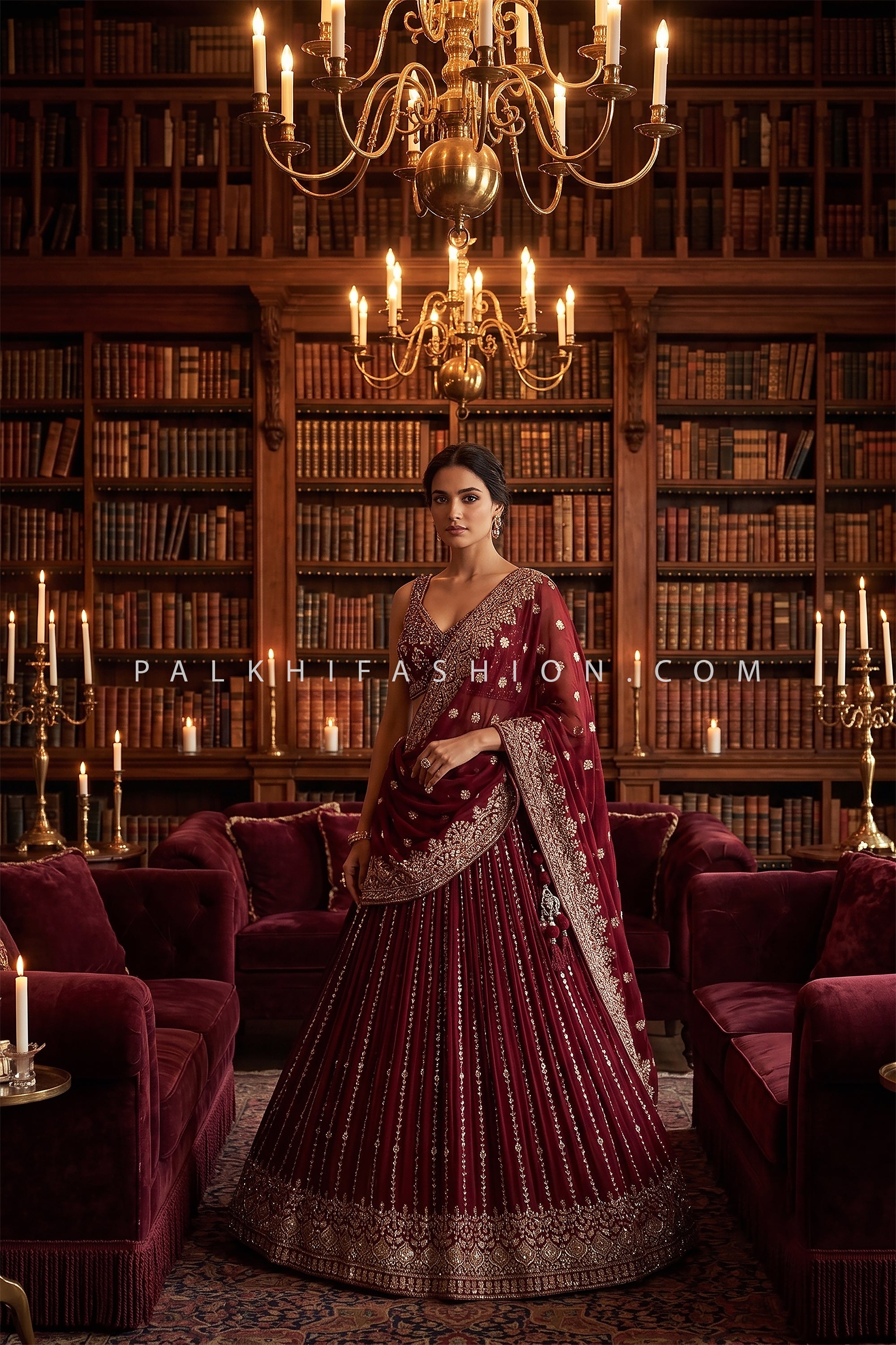 Regal Radiance – Wine Lehenga Choli with Mirror & Kundan Handwork Blouse | Palkhi Fashion