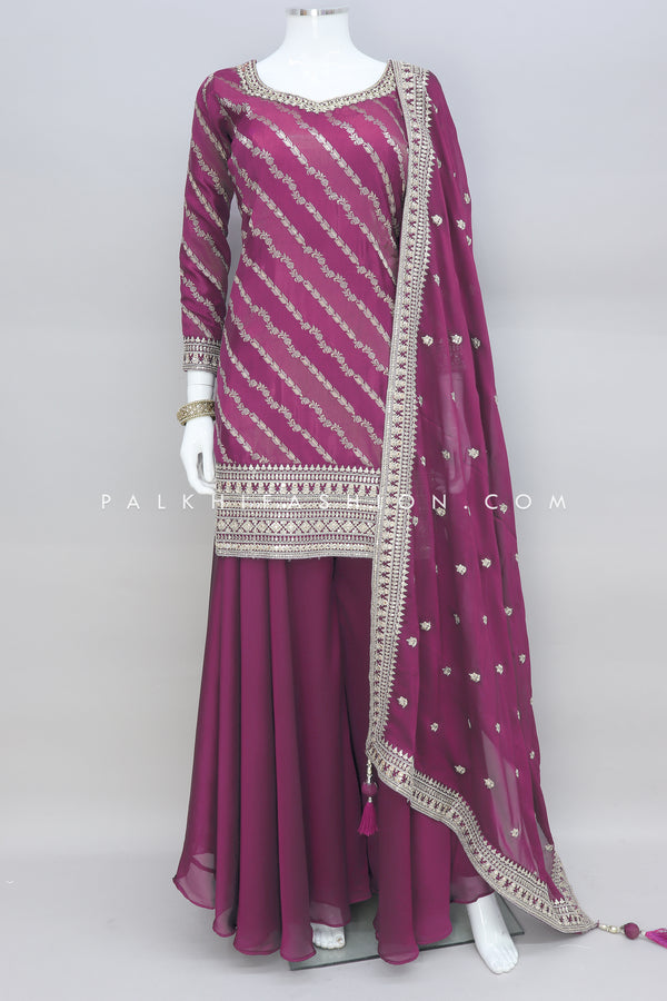 Wine Color Pure Silk Palazzo Outfit With Elegant Work