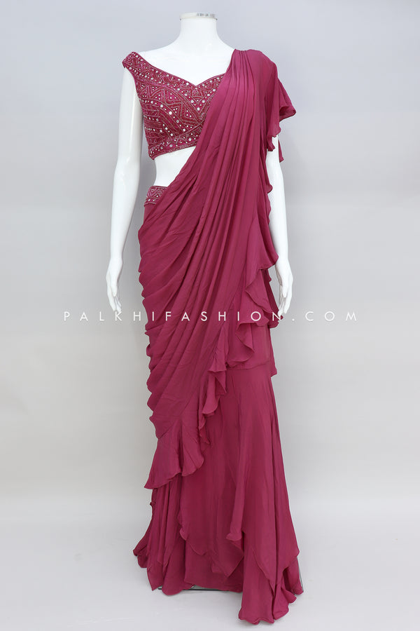 Wine Color Ready To Wear Saree With Mirror Work Blouse