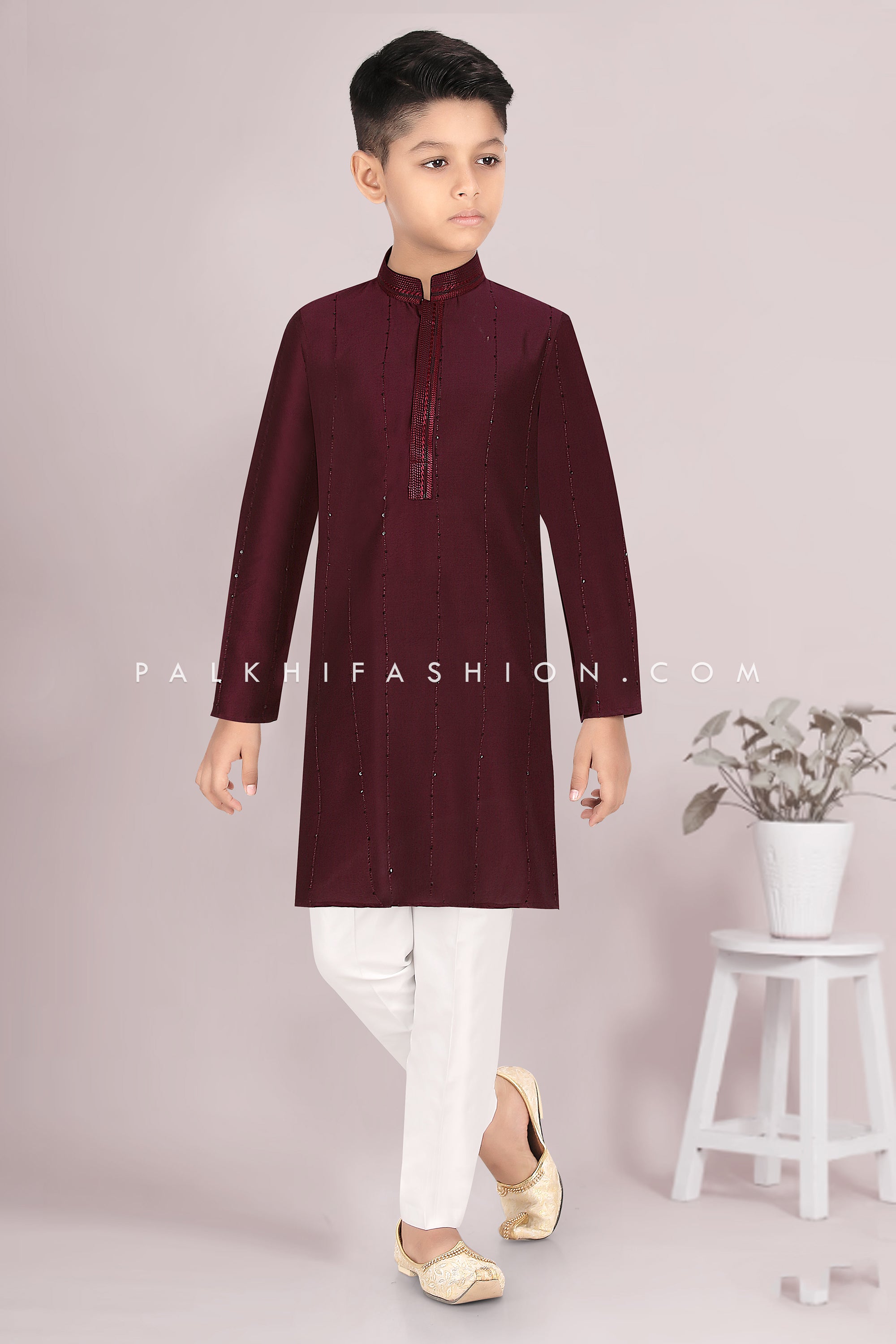 Wine Cotton Silk Boys Kurta Pajama Set with Embroidery – Palkhi Fashion 