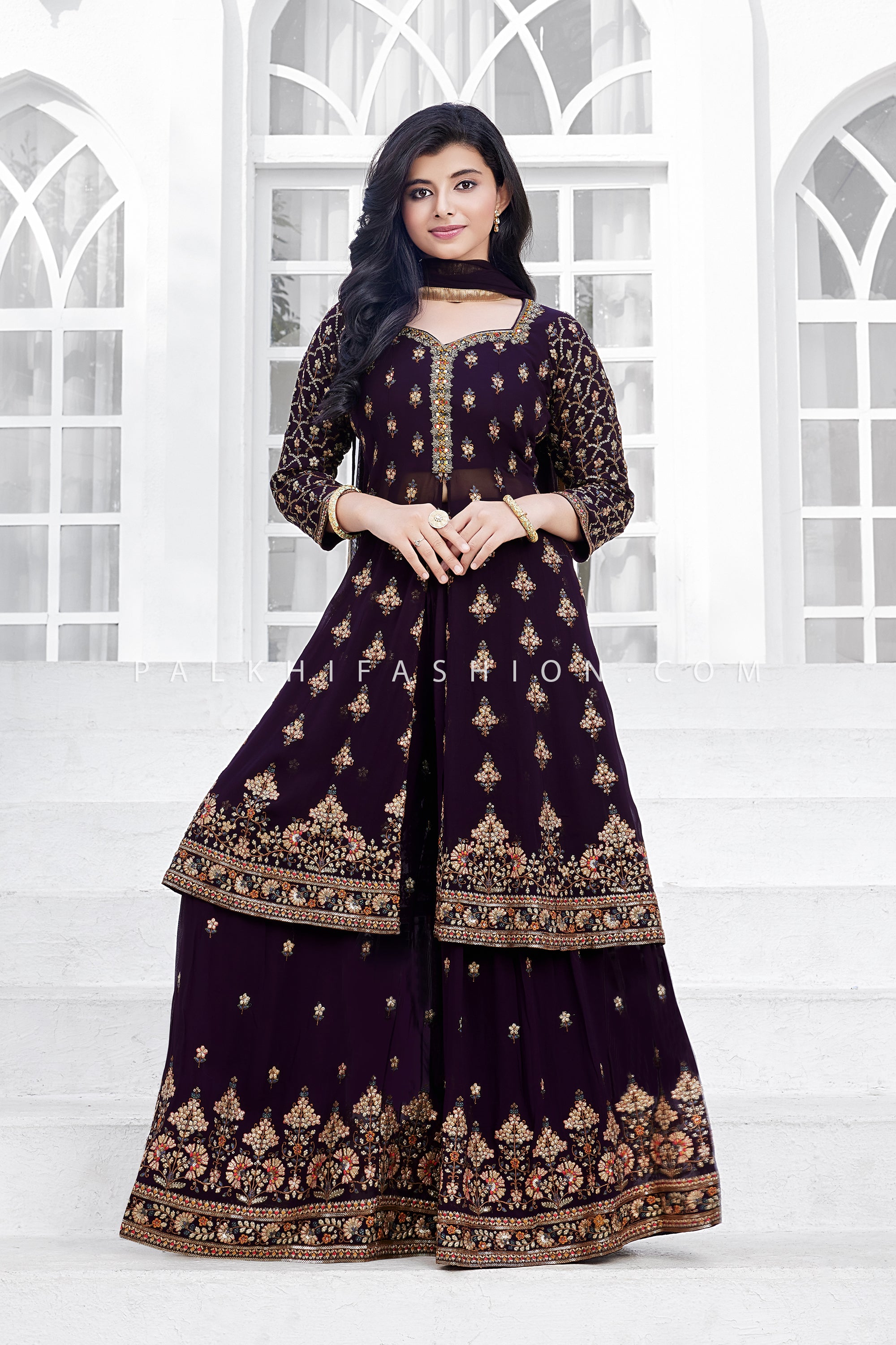 Wine Embroidered Front-Slit Palazzo Outfit – Palkhi Fashion