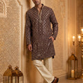 Majestic Aura | Wine Georgette Foil Mirror Work Kurta Set with Korean Pants | Palkhi Fashion