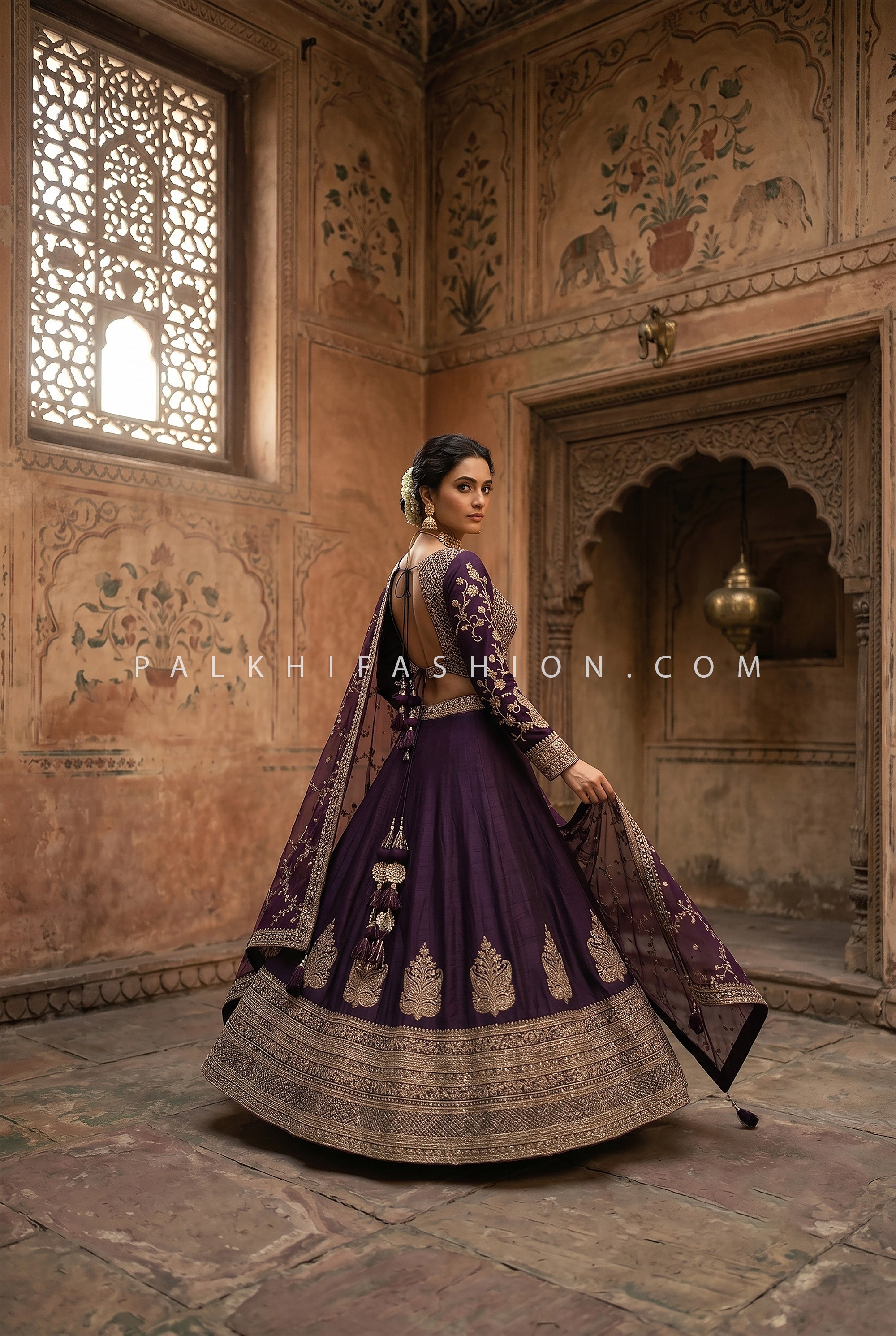 Royal Vineyard Elegance – Wine Lehenga Choli with Embroidered Full Sleeve Blouse | Palkhi Fashion