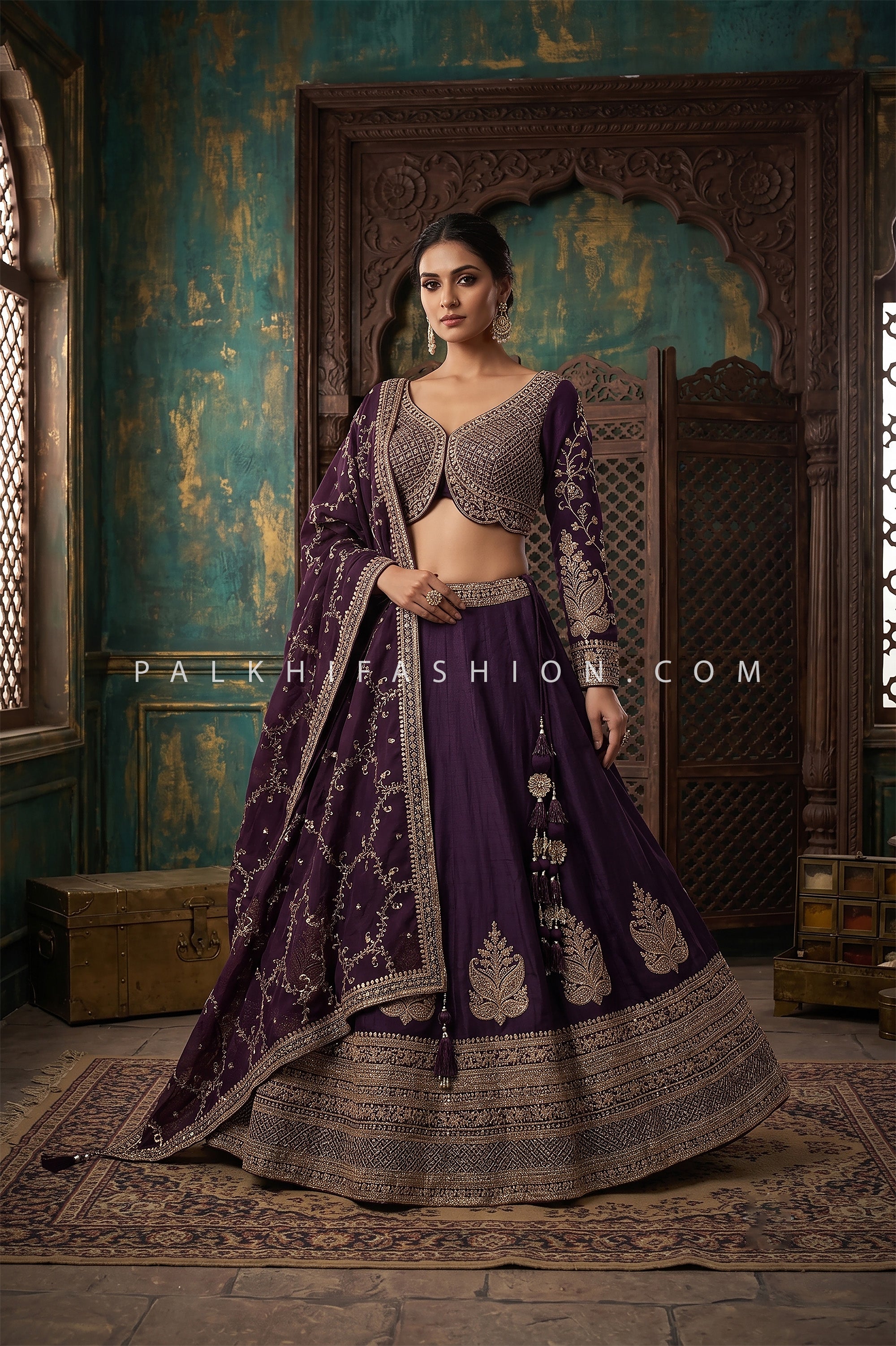 Royal Vineyard Elegance – Wine Lehenga Choli with Embroidered Full Sleeve Blouse | Palkhi Fashion