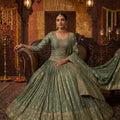 Verdant Elegance | Sage Green Banarasi Silk Lehenga Choli with Handwork | Palkhi Fashion