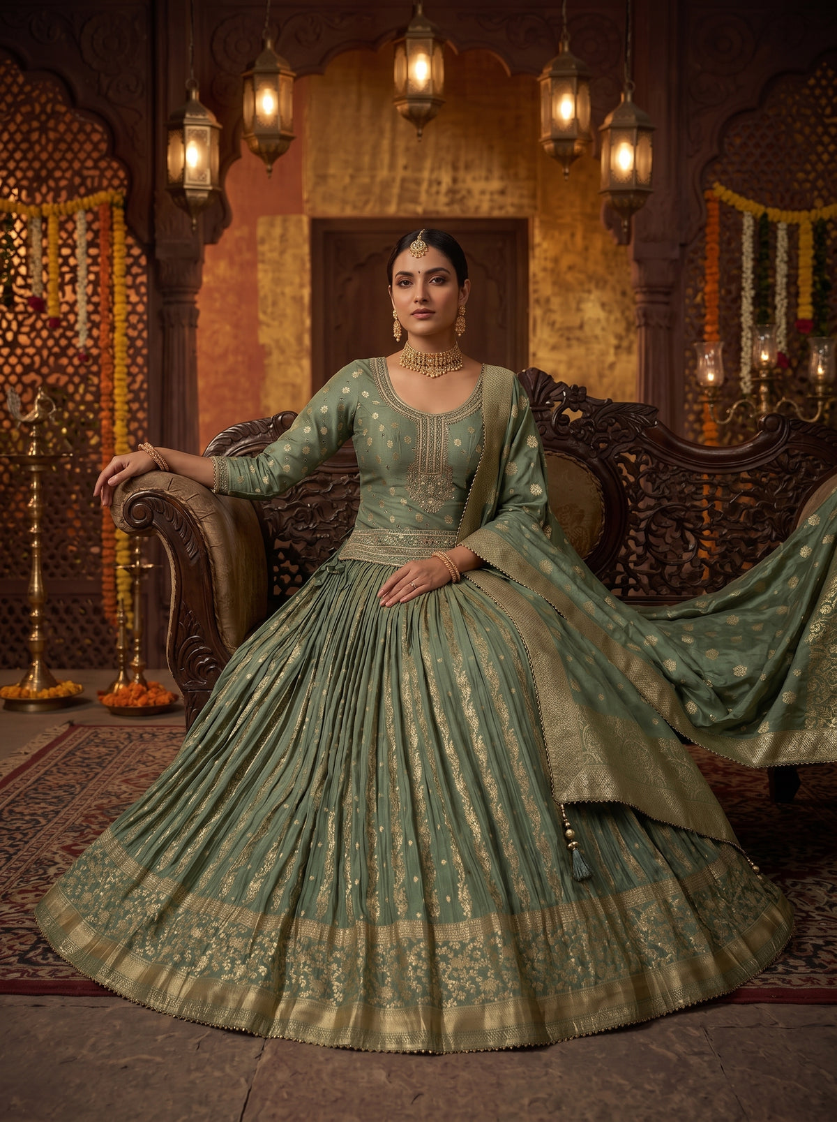Verdant Elegance | Sage Green Banarasi Silk Lehenga Choli with Handwork | Palkhi Fashion