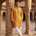 Sunshine Regal | Yellow Bandhej Print Mens Kurta Set with Silver Accents | Palkhi Fashion