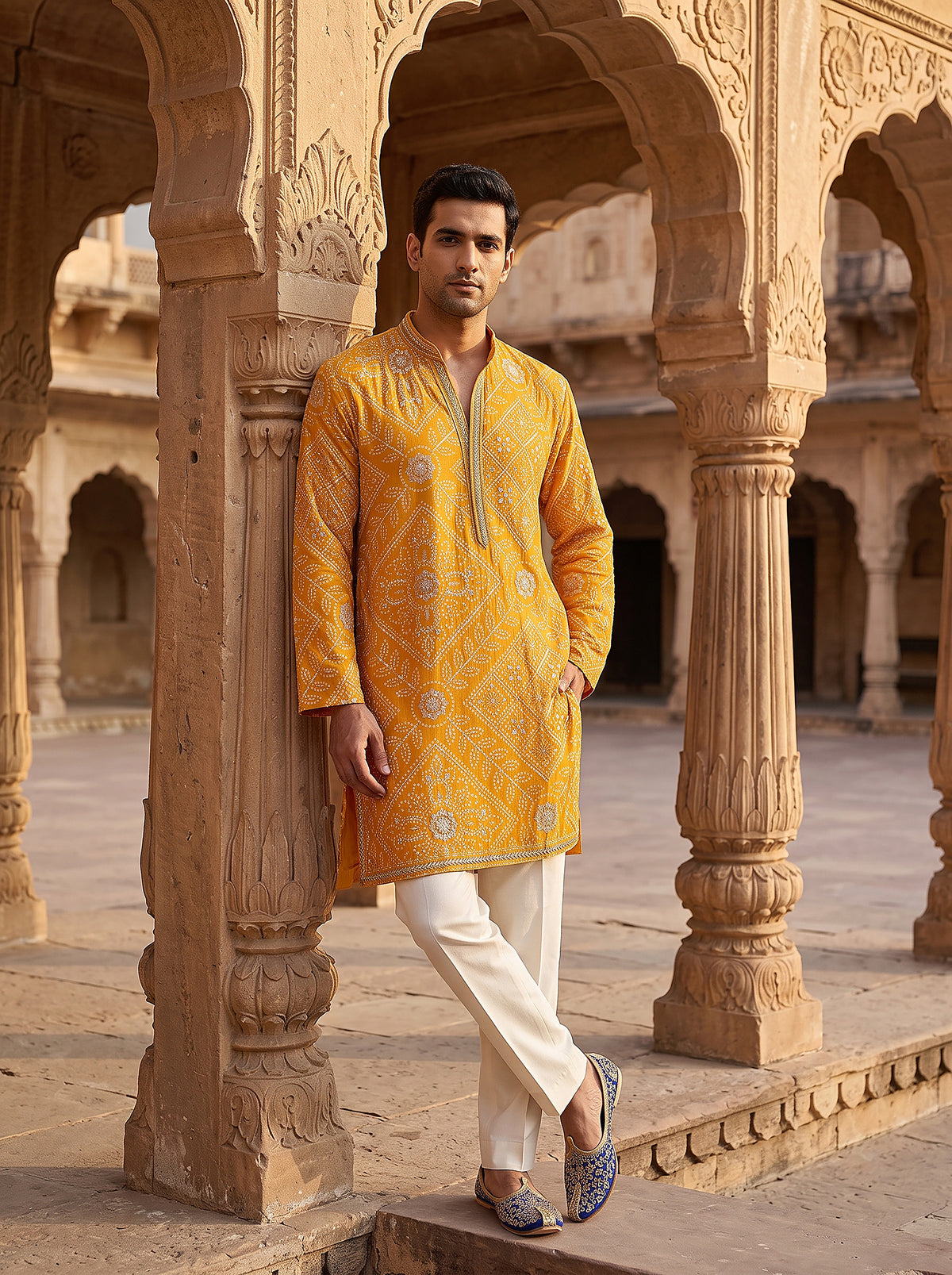 Sunshine Regal | Yellow Bandhej Print Mens Kurta Set with Silver Accents | Palkhi Fashion