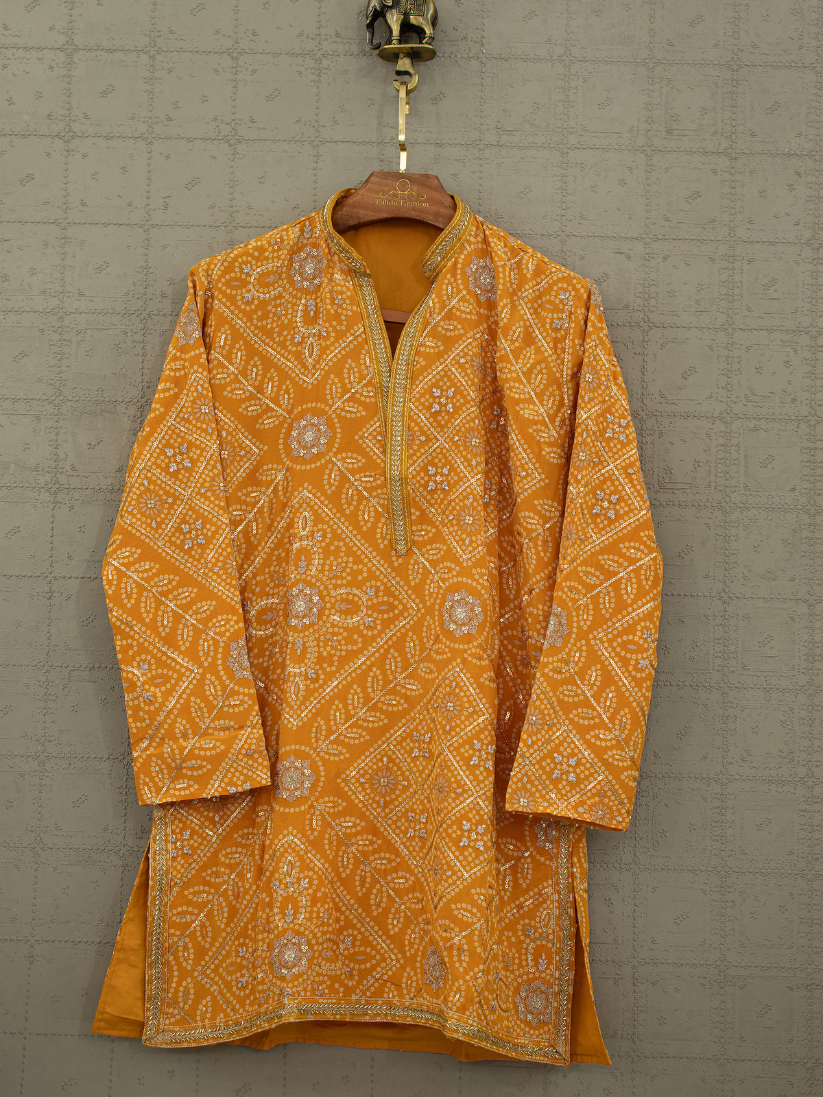 Sunshine Regal | Yellow Bandhej Print Mens Kurta Set with Silver Accents | Palkhi Fashion