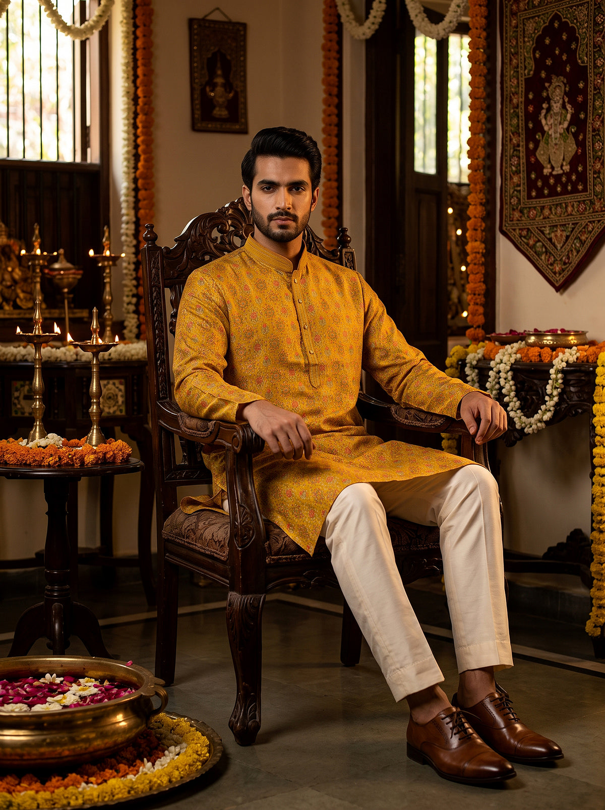 Radiant Sunshine | Yellow Cotton Silk Floral Print Kurta Set | Palkhi Fashion