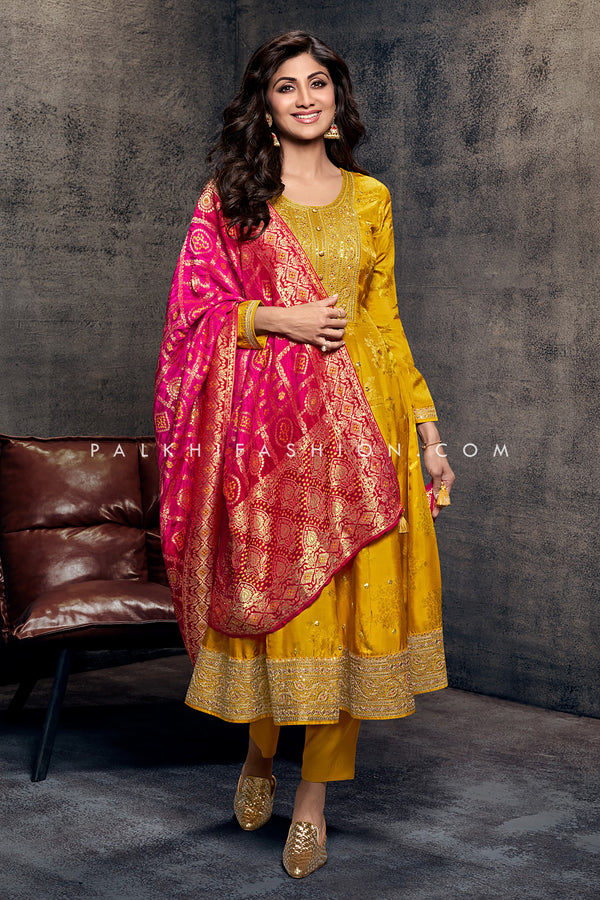 Yellow Embroidered Anarkali Suit with Bandhani Dupatta