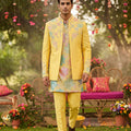 Sunlit Elegance | Yellow Indo-Western Kurta Set with Pastel Floral Embroidery | Palkhi Fashion