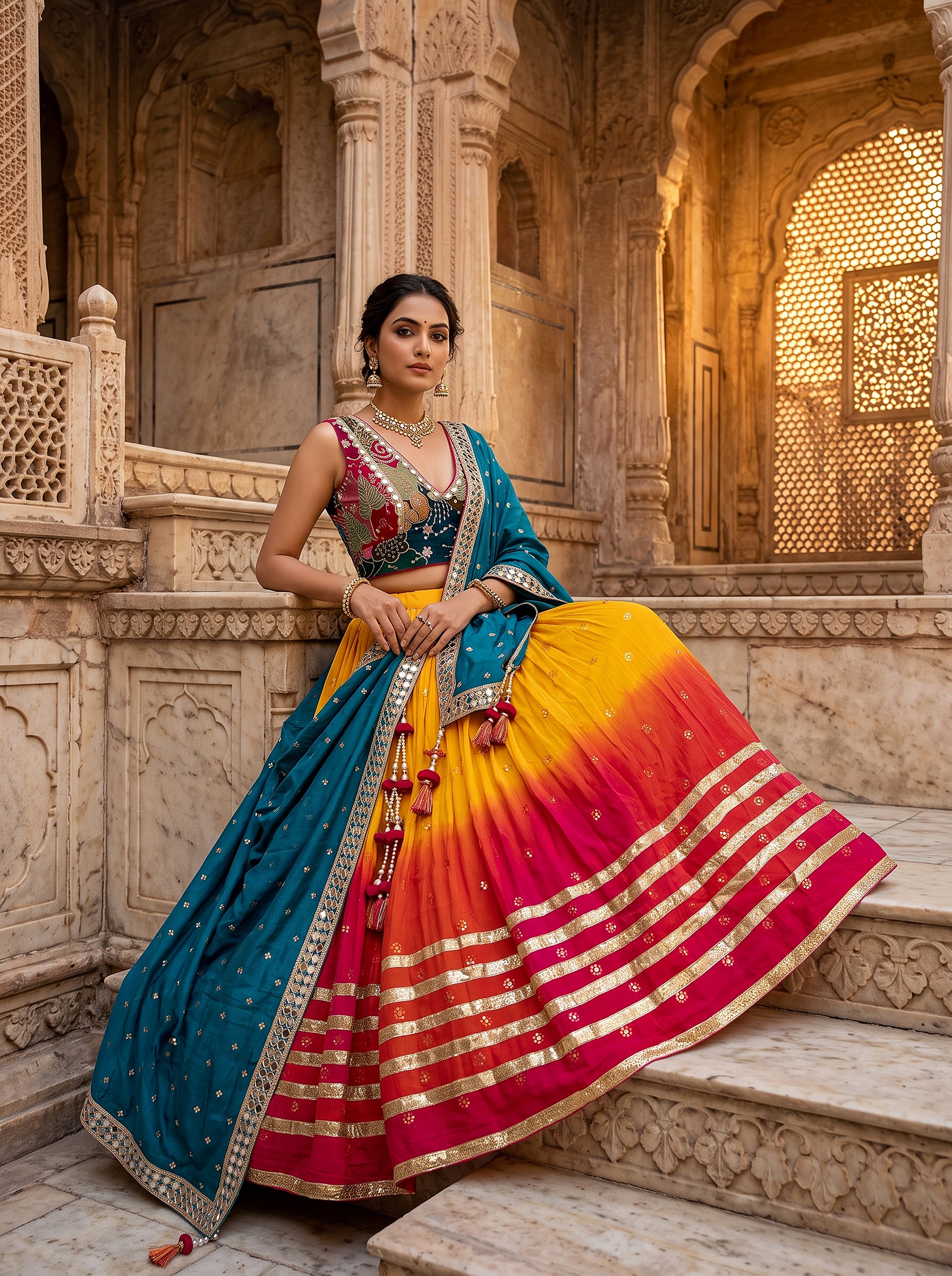 Festive Radiance | Yellow Sunset Ombre Mirrorwork Georgette Chaniya Choli | Palkhi Fashion