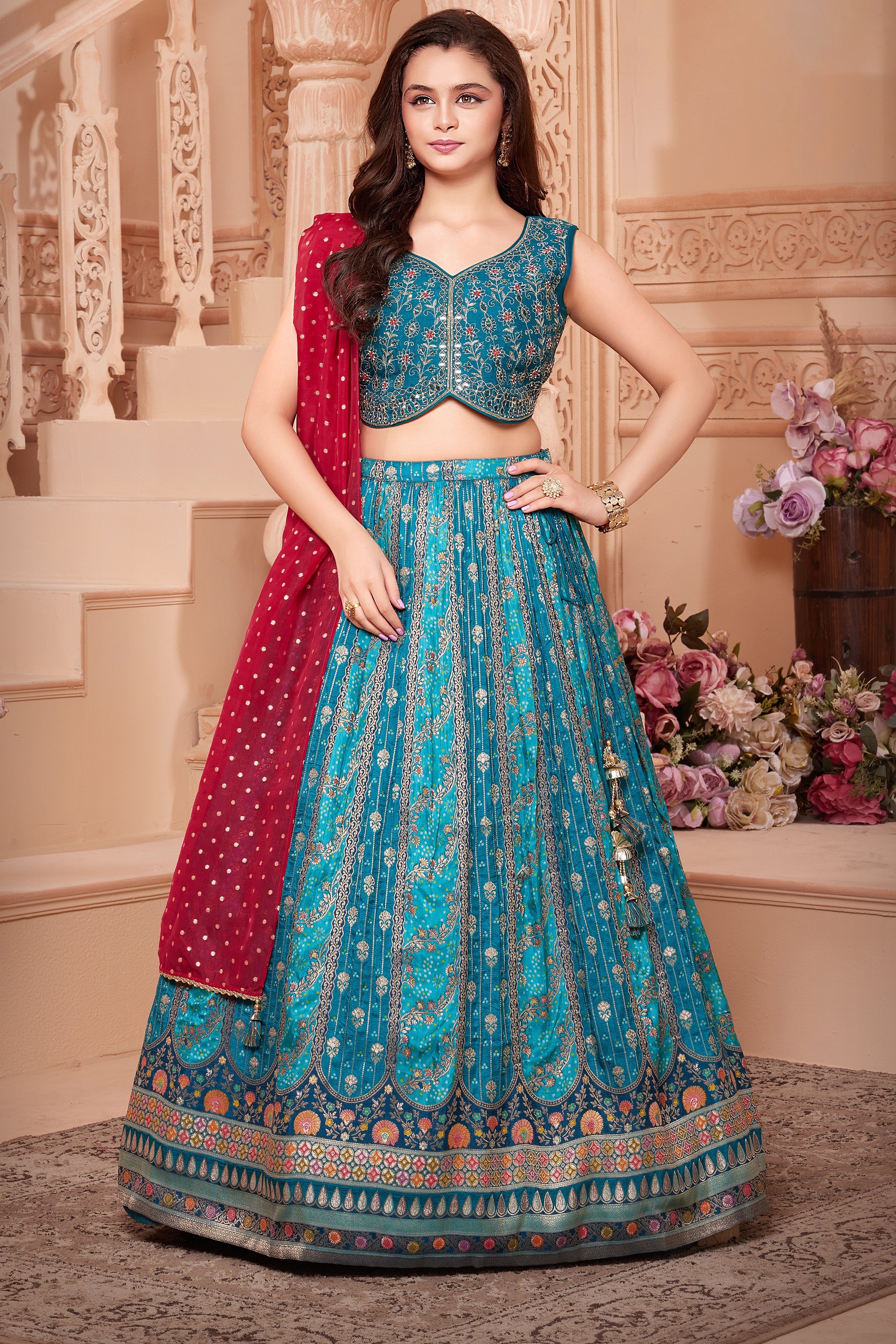 A Tale in Teal & Tradition : Bandhani & Banarasi Girls Designer Lehenga Choli